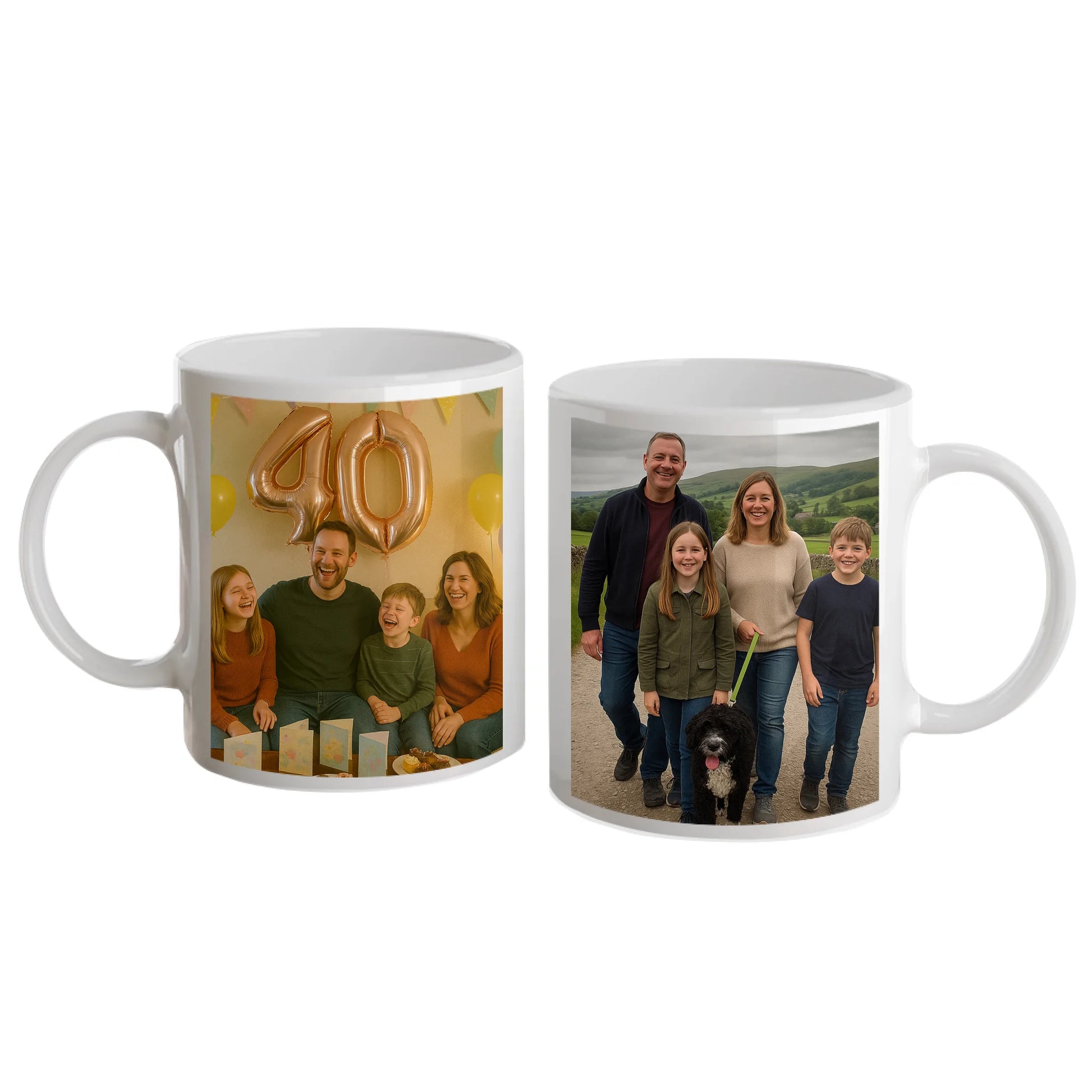 Personalised white mug with two photo upload areas. White handle and interior.