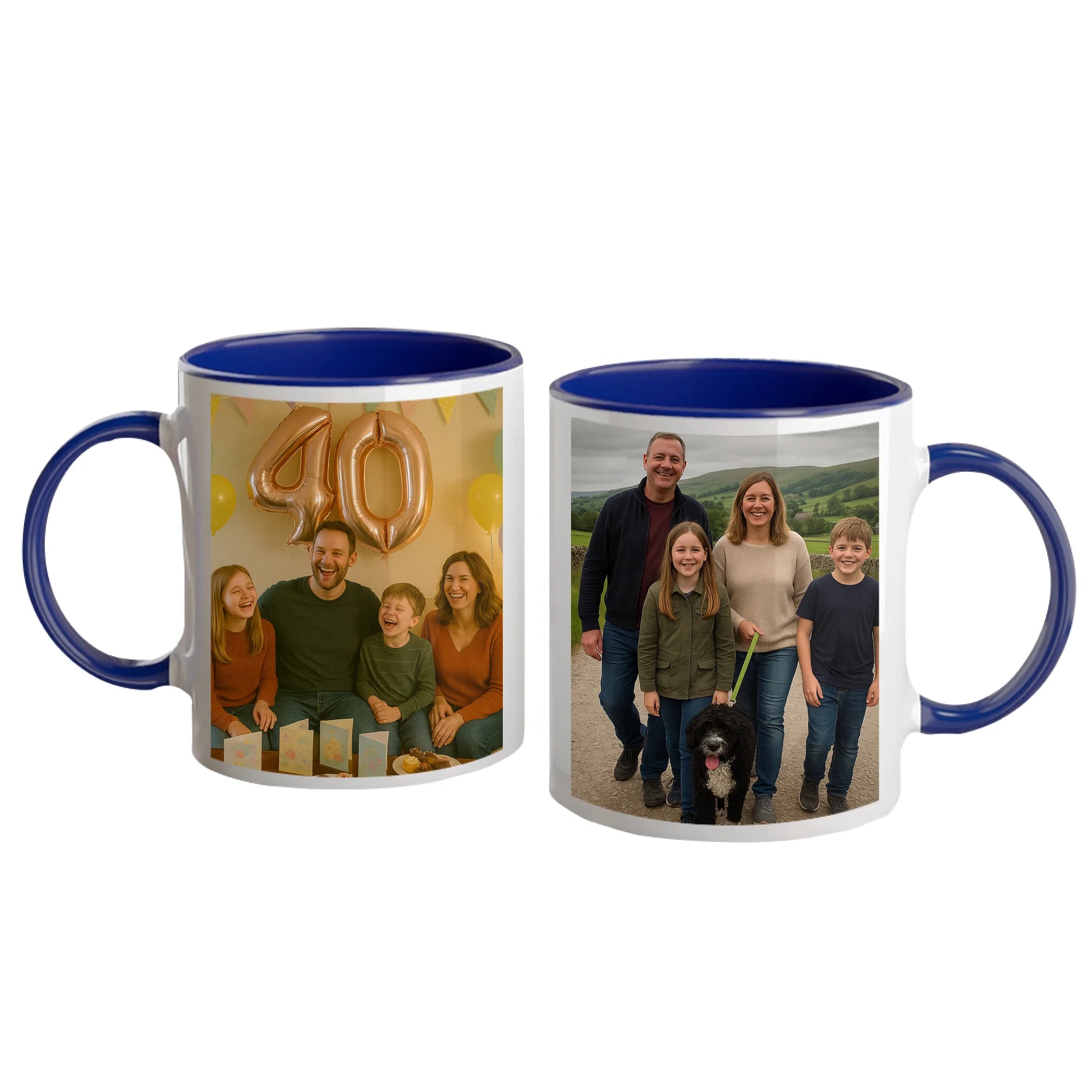 Personalised white mug with two photo upload areas. Blue handle and interior.