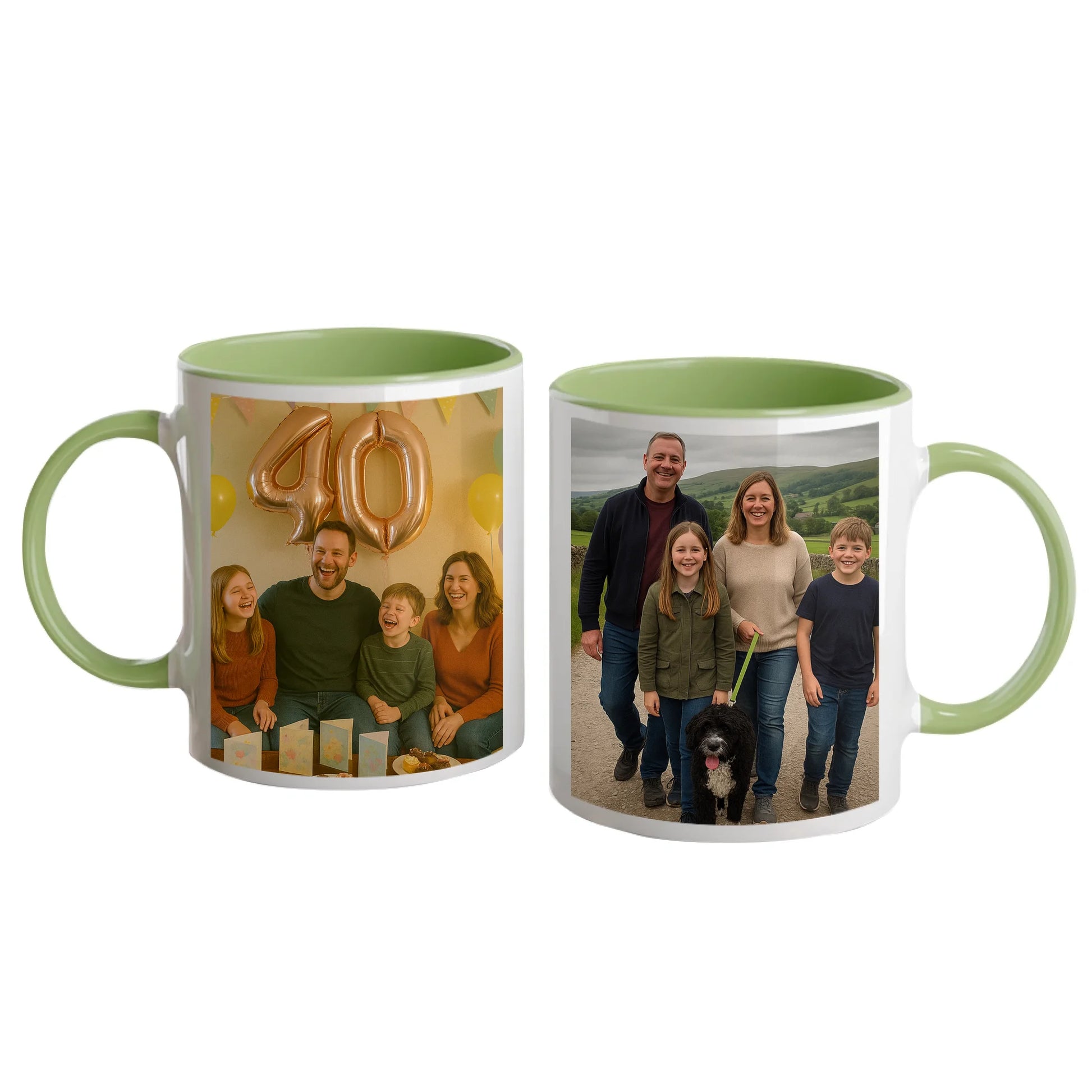 Personalised white mug with two photo upload areas. Green handle and interior.