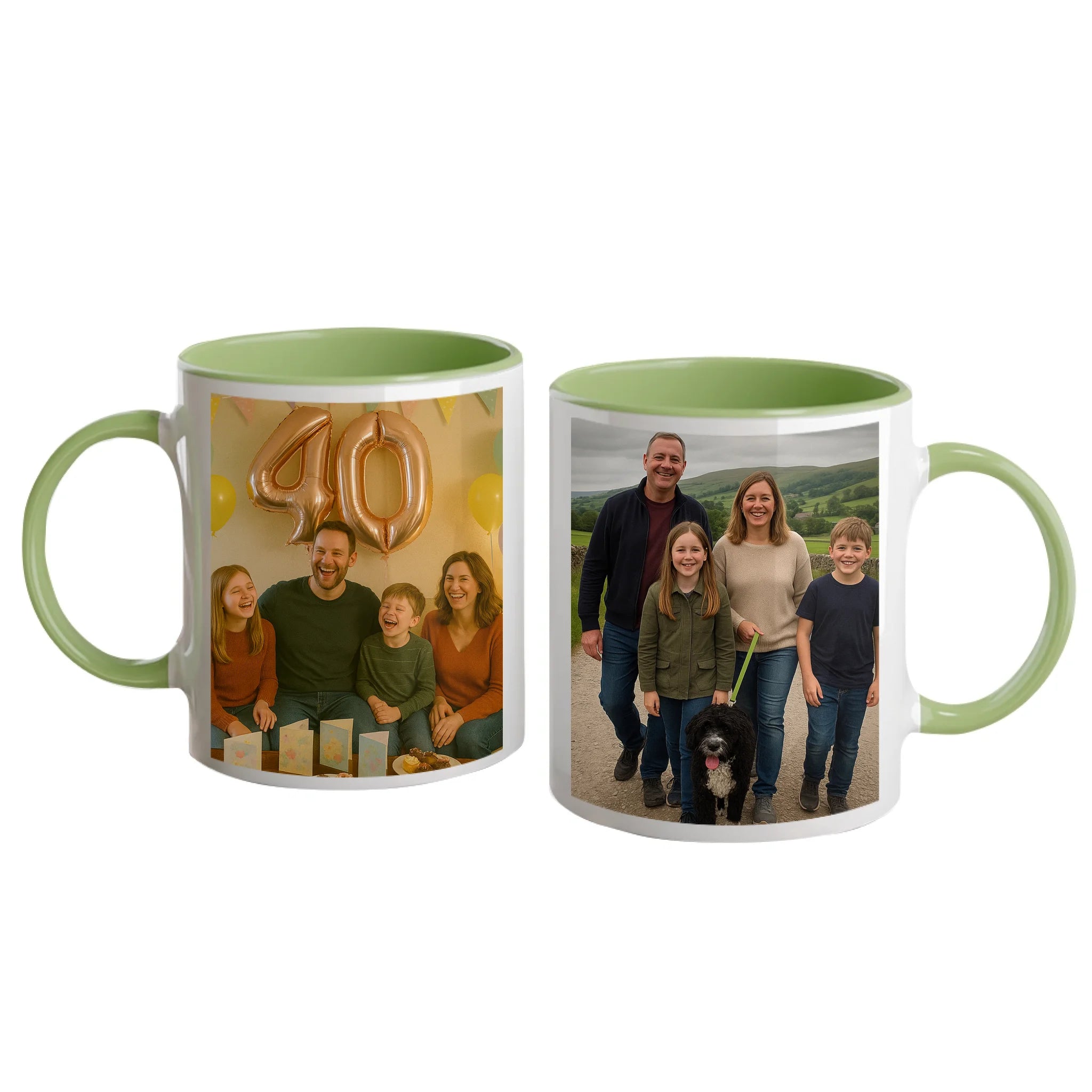 Personalised white mug with two photo upload areas. Green handle and interior.