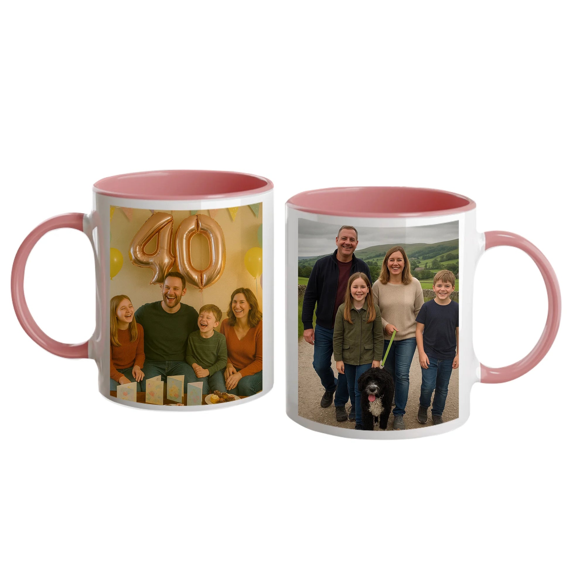Personalised white mug with two photo upload areas. Pink handle and interior.