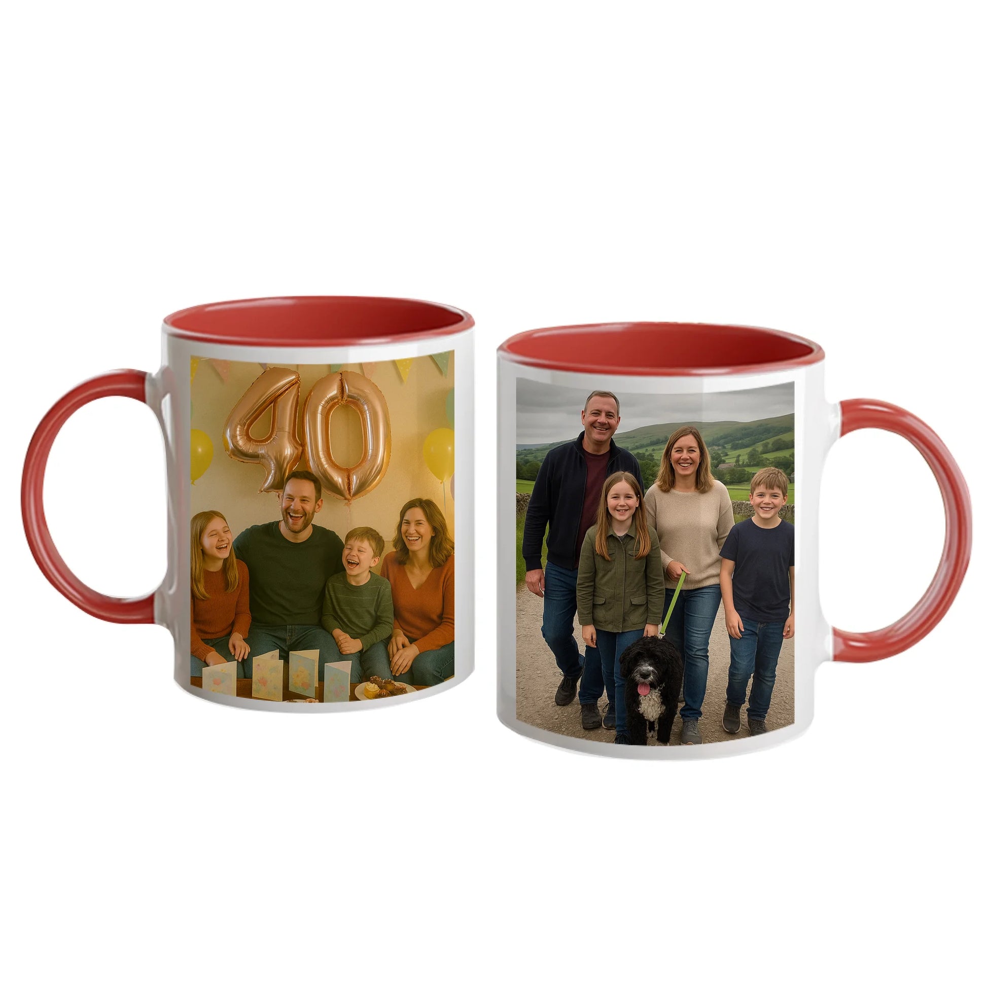 Personalised white mug with two photo upload areas. Red handle and interior.