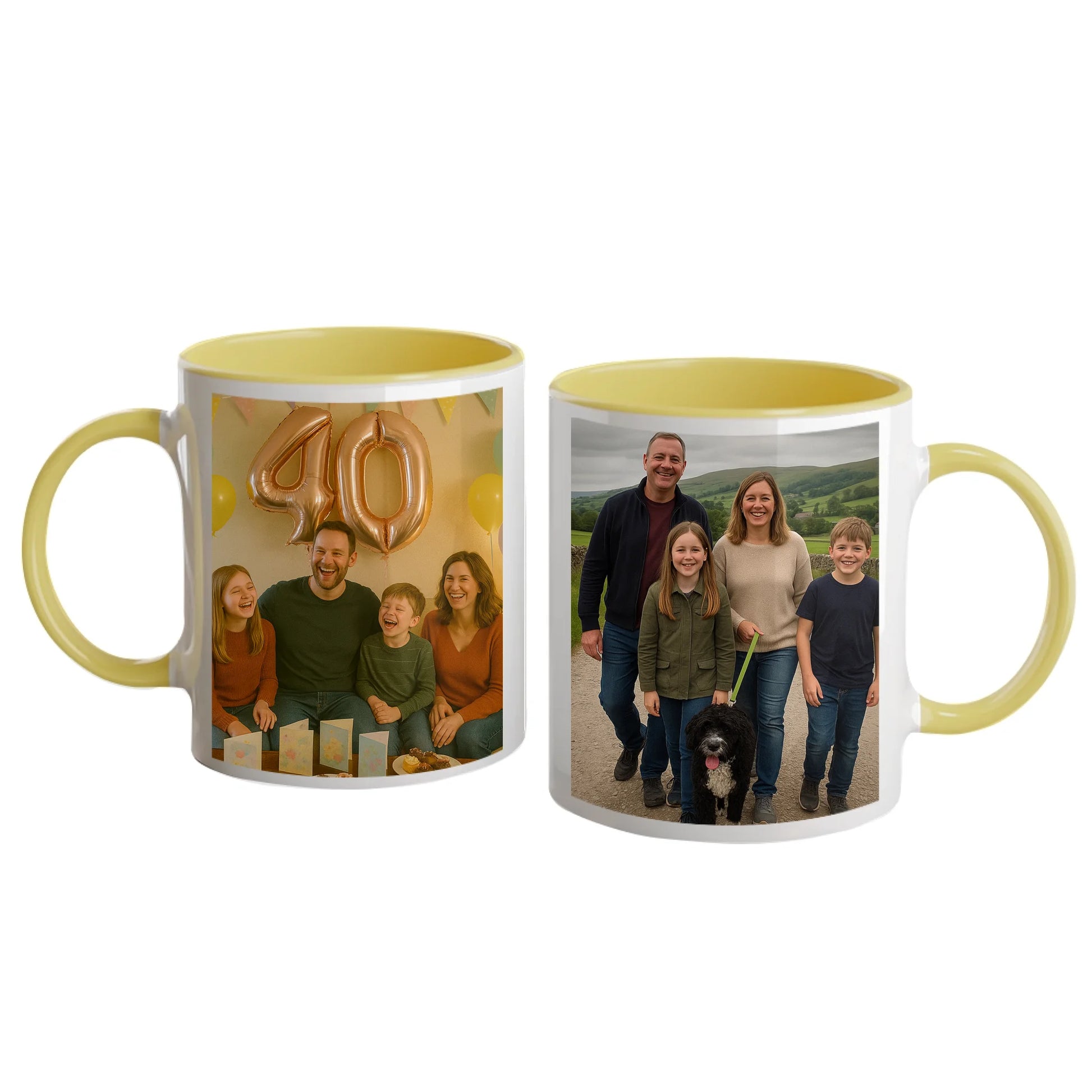 Personalised white mug with two photo upload areas. Yellow handle and interior.