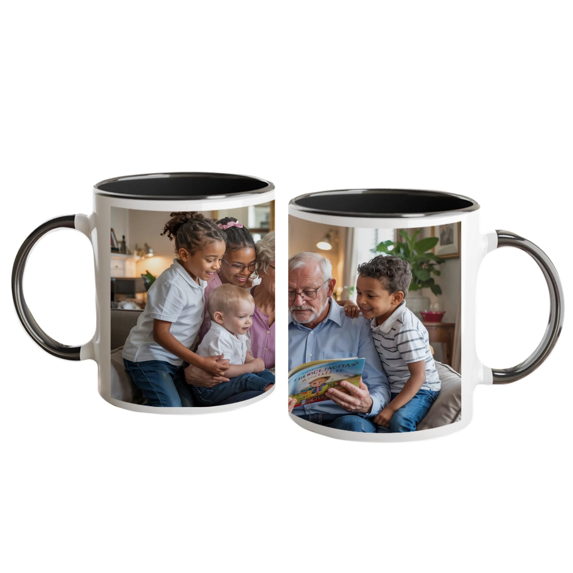 Personalised white mug with a full-wrap custom image. Black handle and interior.