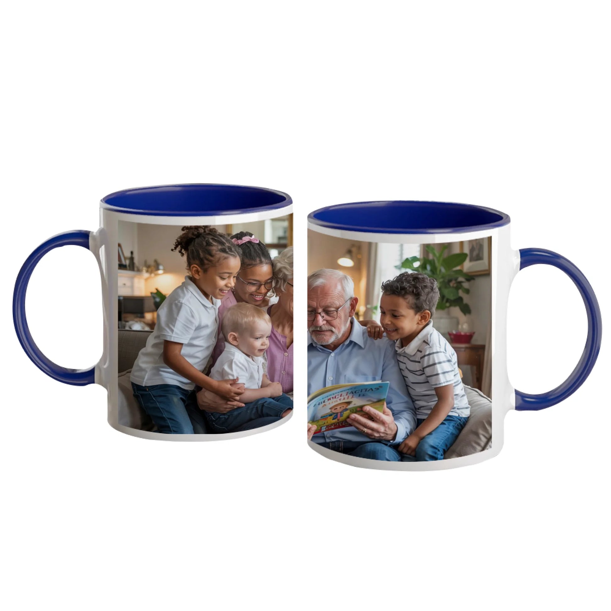 Personalised white mug with a full-wrap custom image. Blue handle and interior.