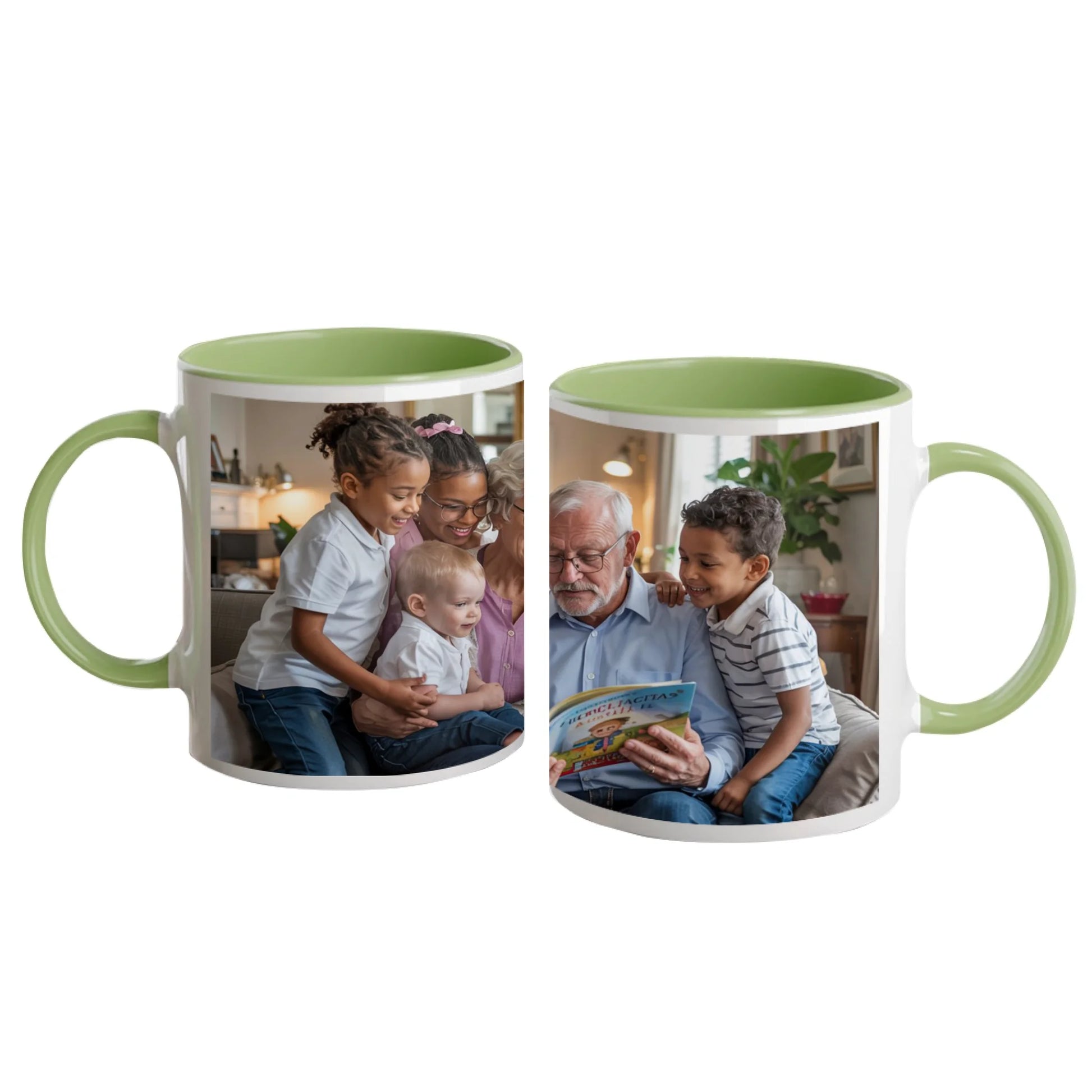 Personalised white mug with a full-wrap custom image. Green handle and interior.