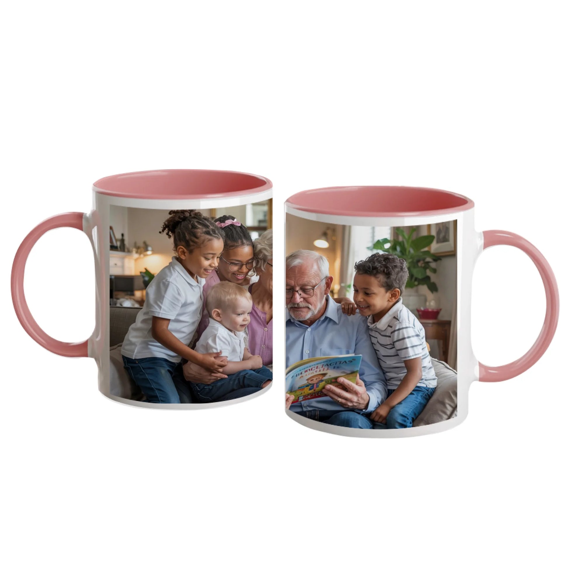 Personalised white mug with a full-wrap custom image. Pink handle and interior.