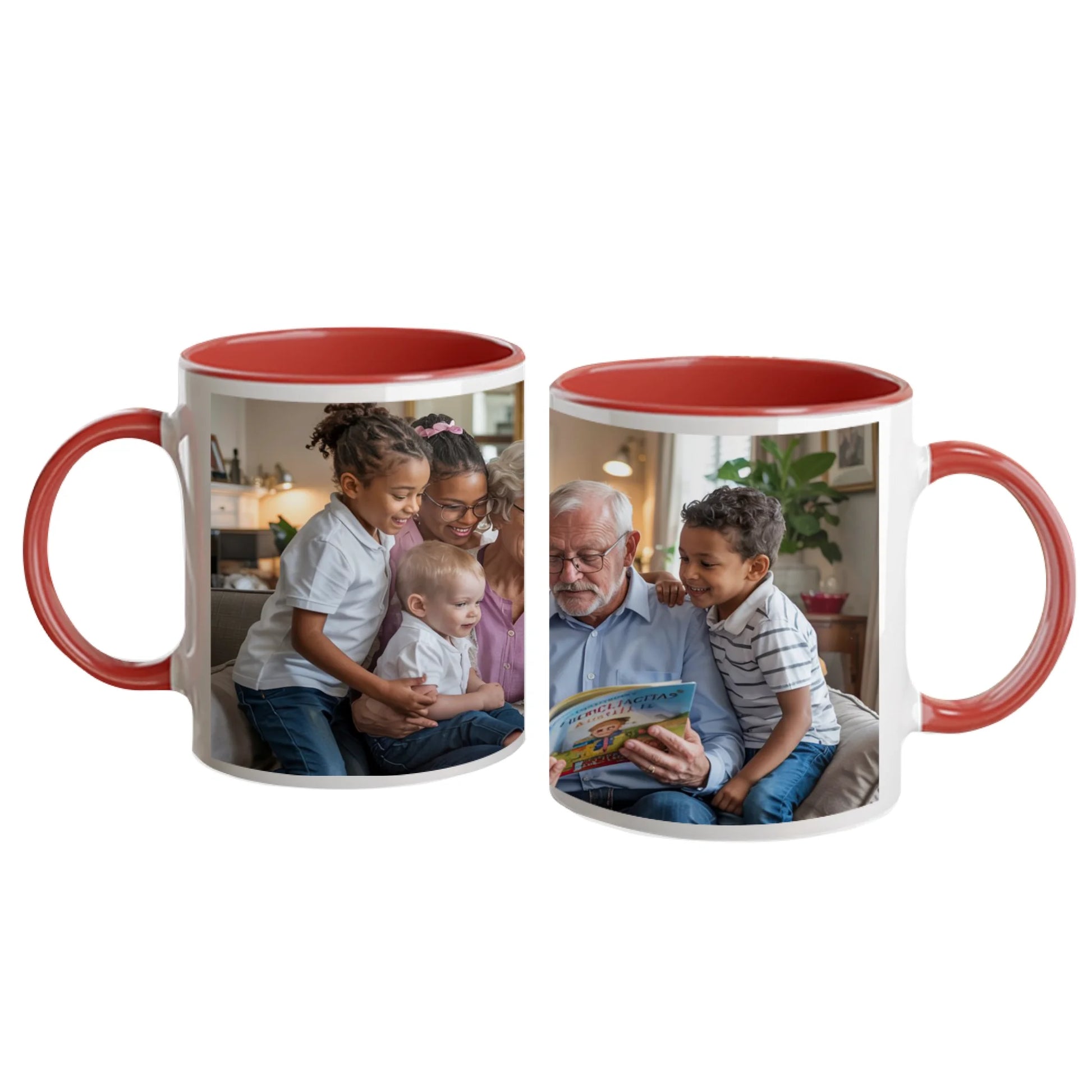 Personalised white mug with a full-wrap custom image. Red handle and interior.
