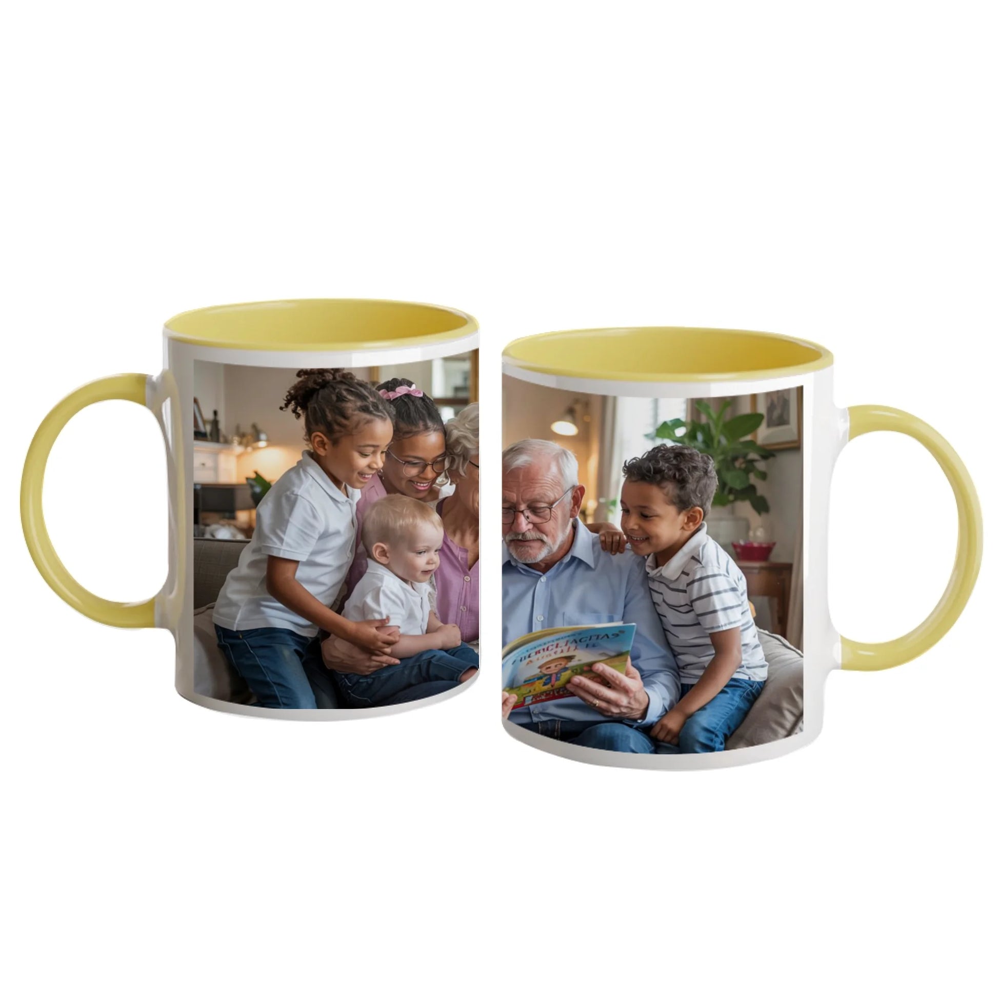 Personalised white mug with a full-wrap custom image. Yellow handle and interior.