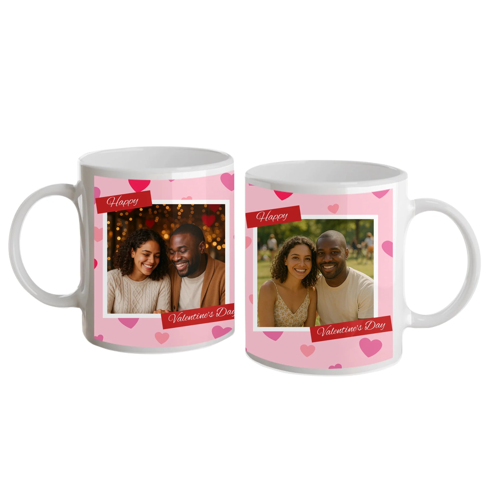 Personalised Happy Valentine's Day mug with a pink heart-patterned wrap design. Features two custom photo upload areas and an editable anniversary number. White handle and interior.