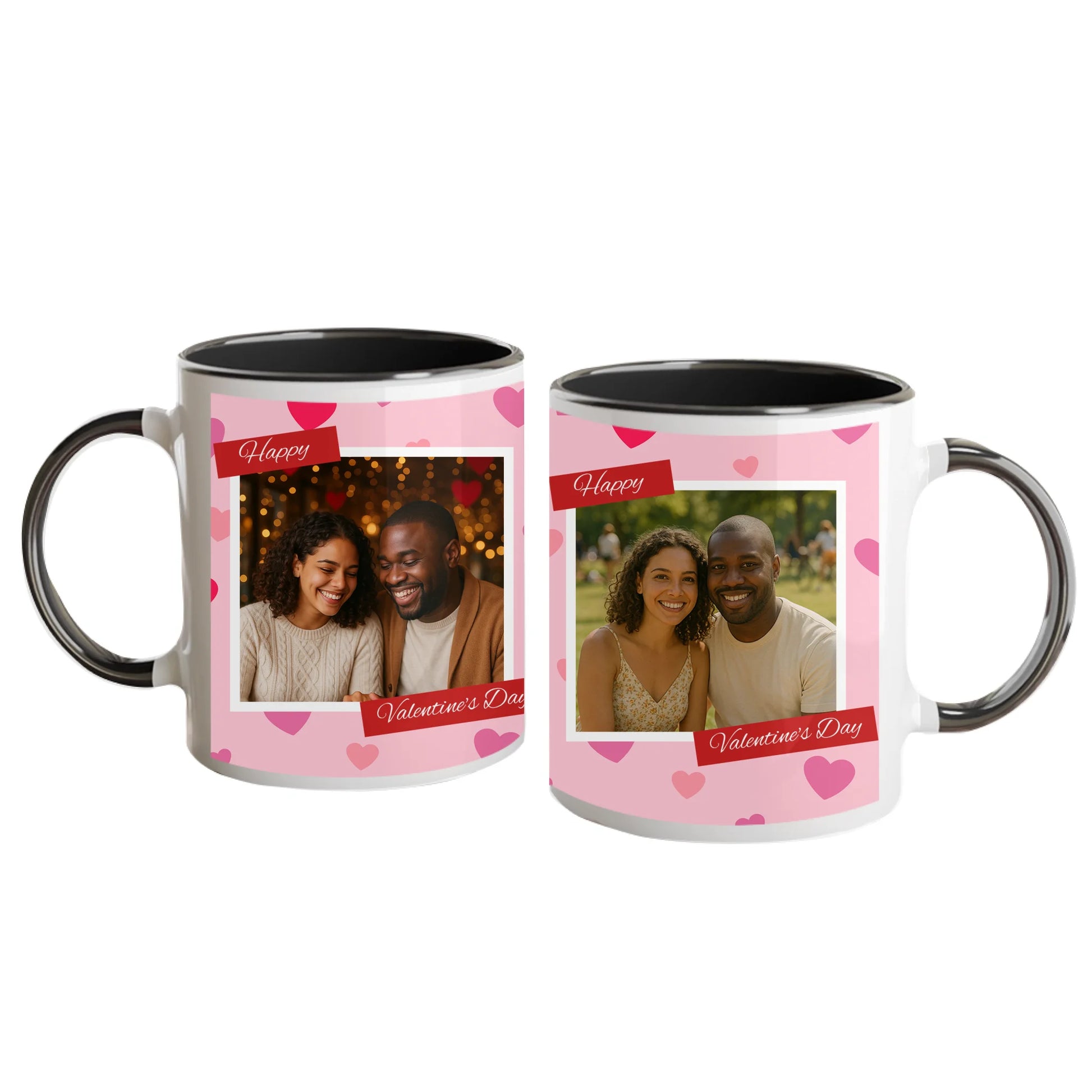 Personalised Happy Valentine's Day mug with a pink heart-patterned wrap design. Features two custom photo upload areas and an editable anniversary number. Black handle and interior.