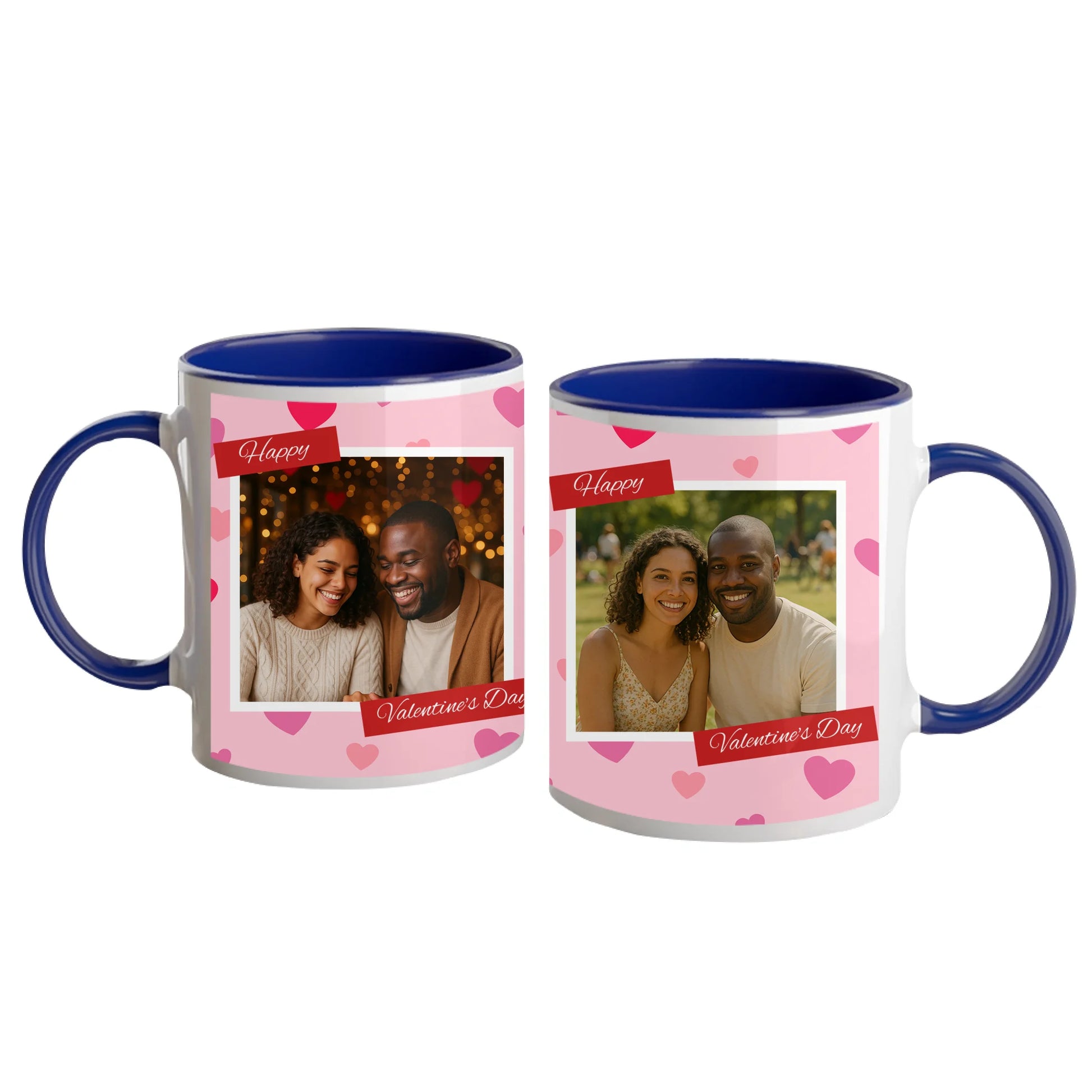 Personalised Happy Valentine's Day mug with a pink heart-patterned wrap design. Features two custom photo upload areas and an editable anniversary number. Blue handle and interior.