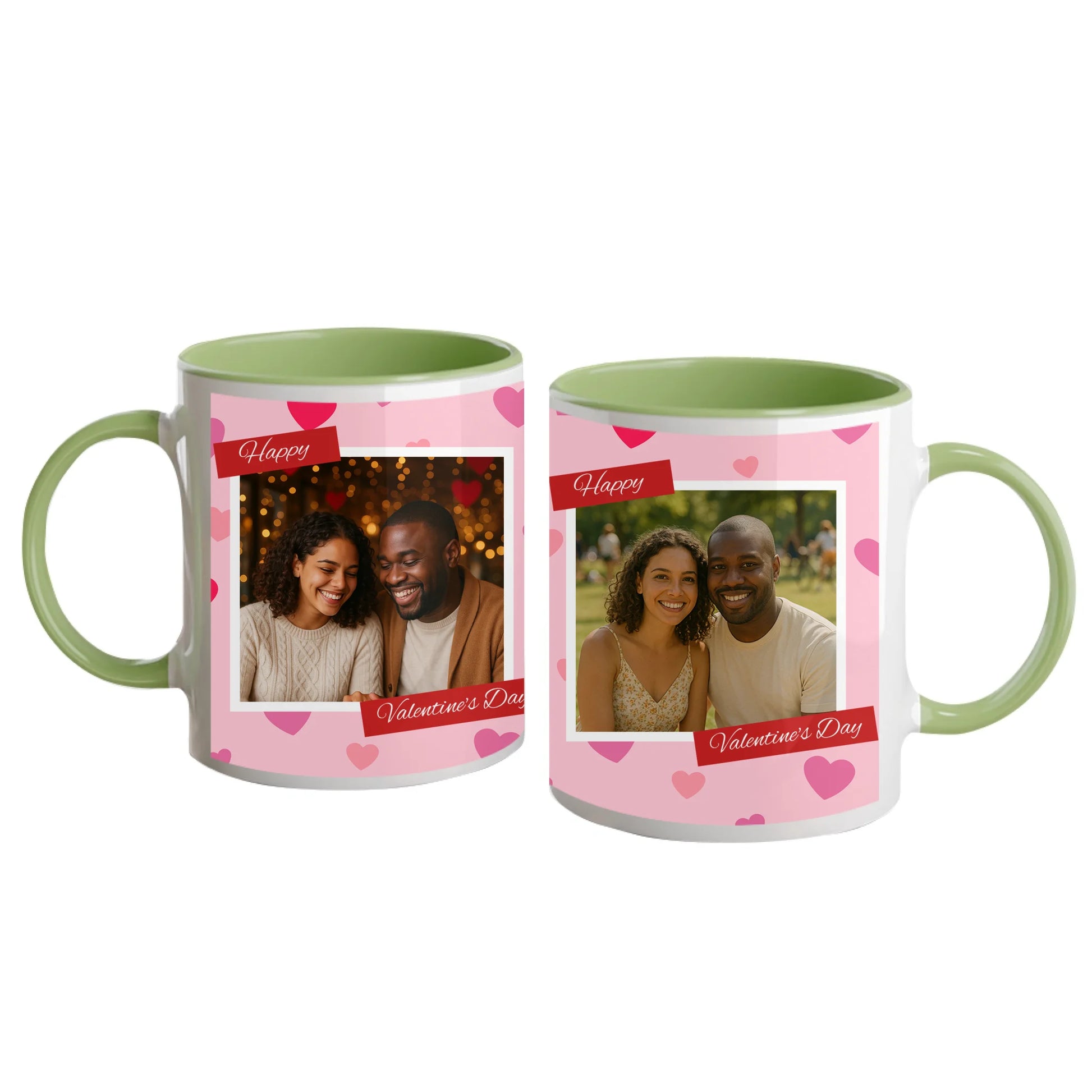 Personalised Happy Valentine's Day mug with a pink heart-patterned wrap design. Features two custom photo upload areas and an editable anniversary number. Green handle and interior.