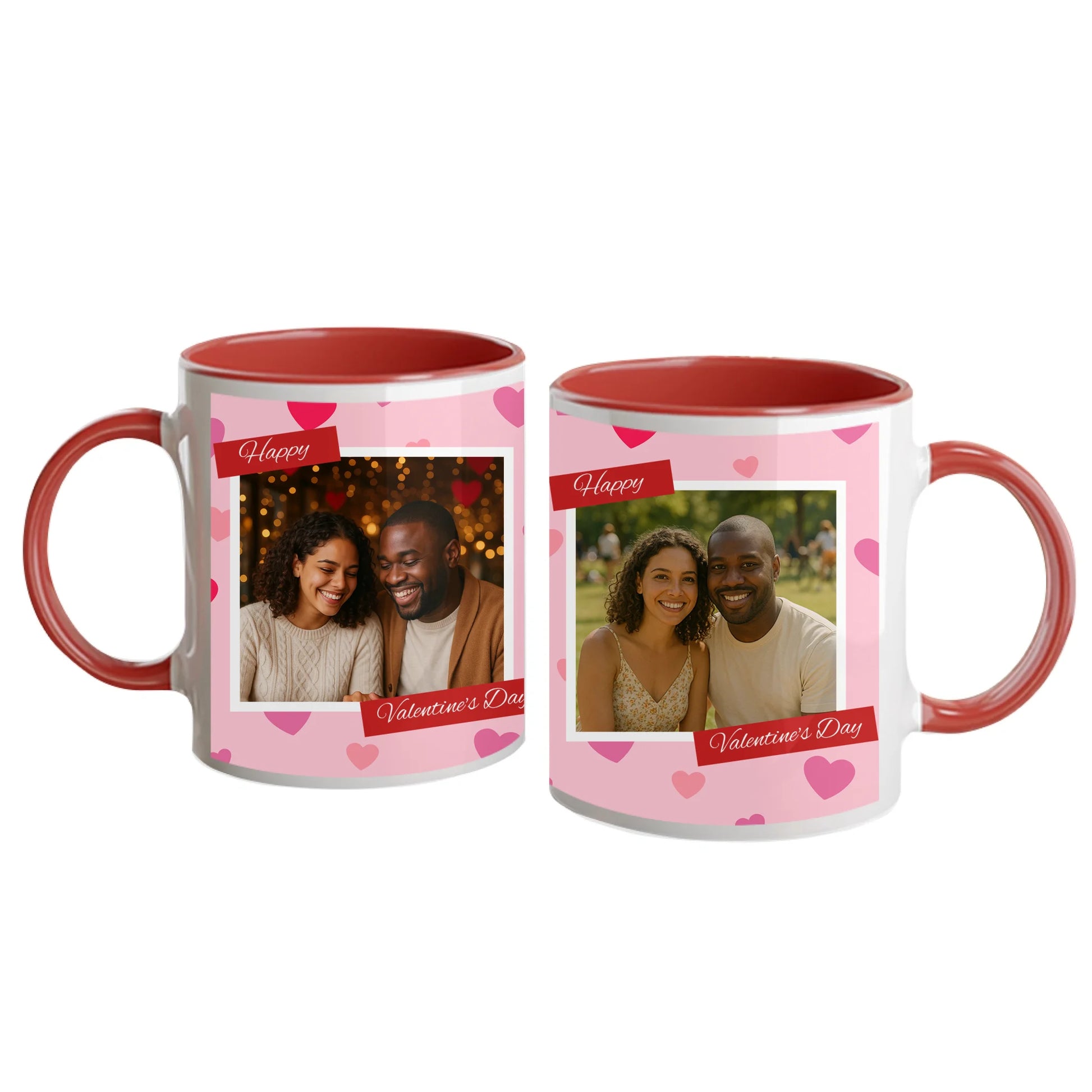 Personalised Happy Valentine's Day mug with a pink heart-patterned wrap design. Features two custom photo upload areas and an editable anniversary number. Red handle and interior.