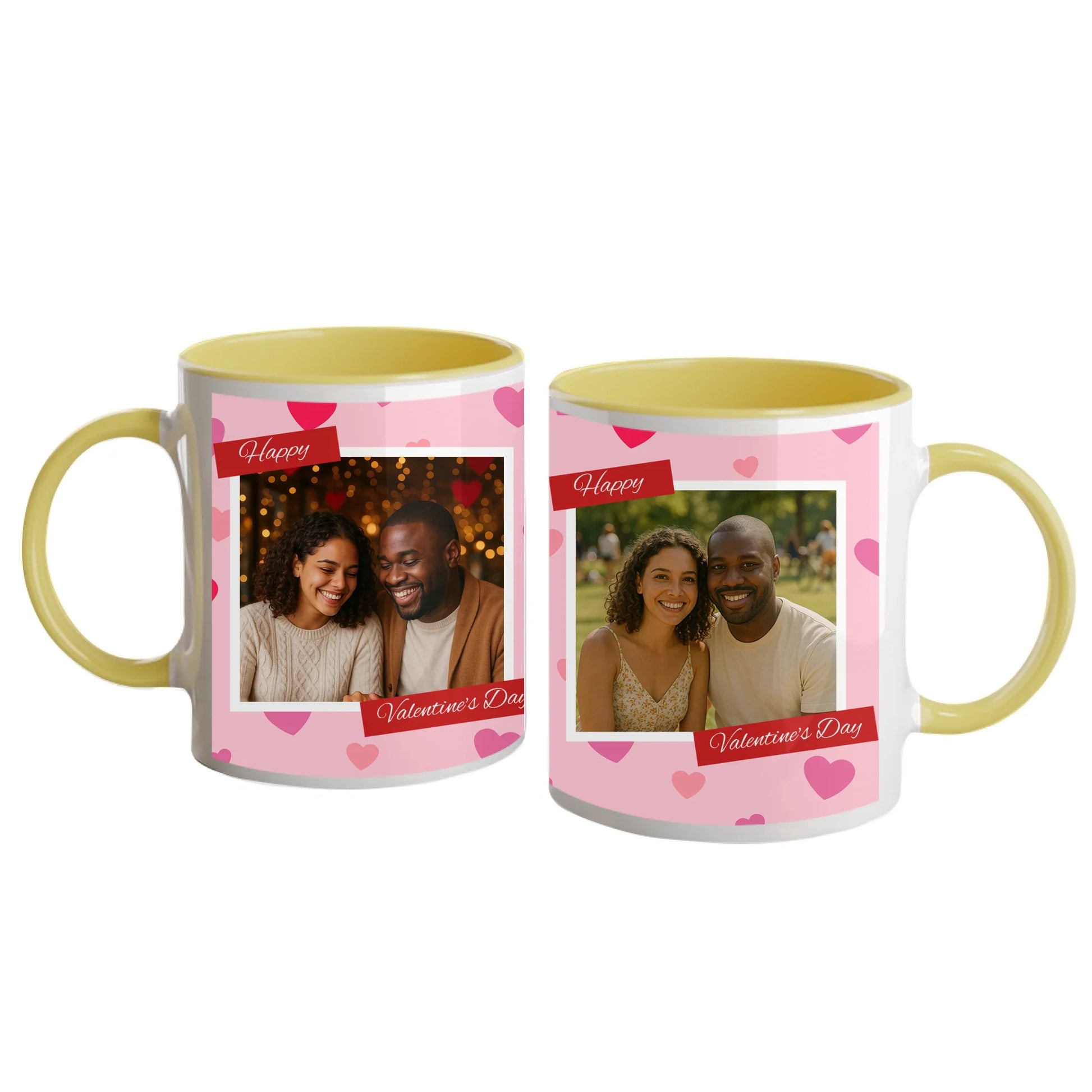 Personalised Happy Valentine's Day mug with a pink heart-patterned wrap design. Features two custom photo upload areas and an editable anniversary number. Yellow handle and interior.