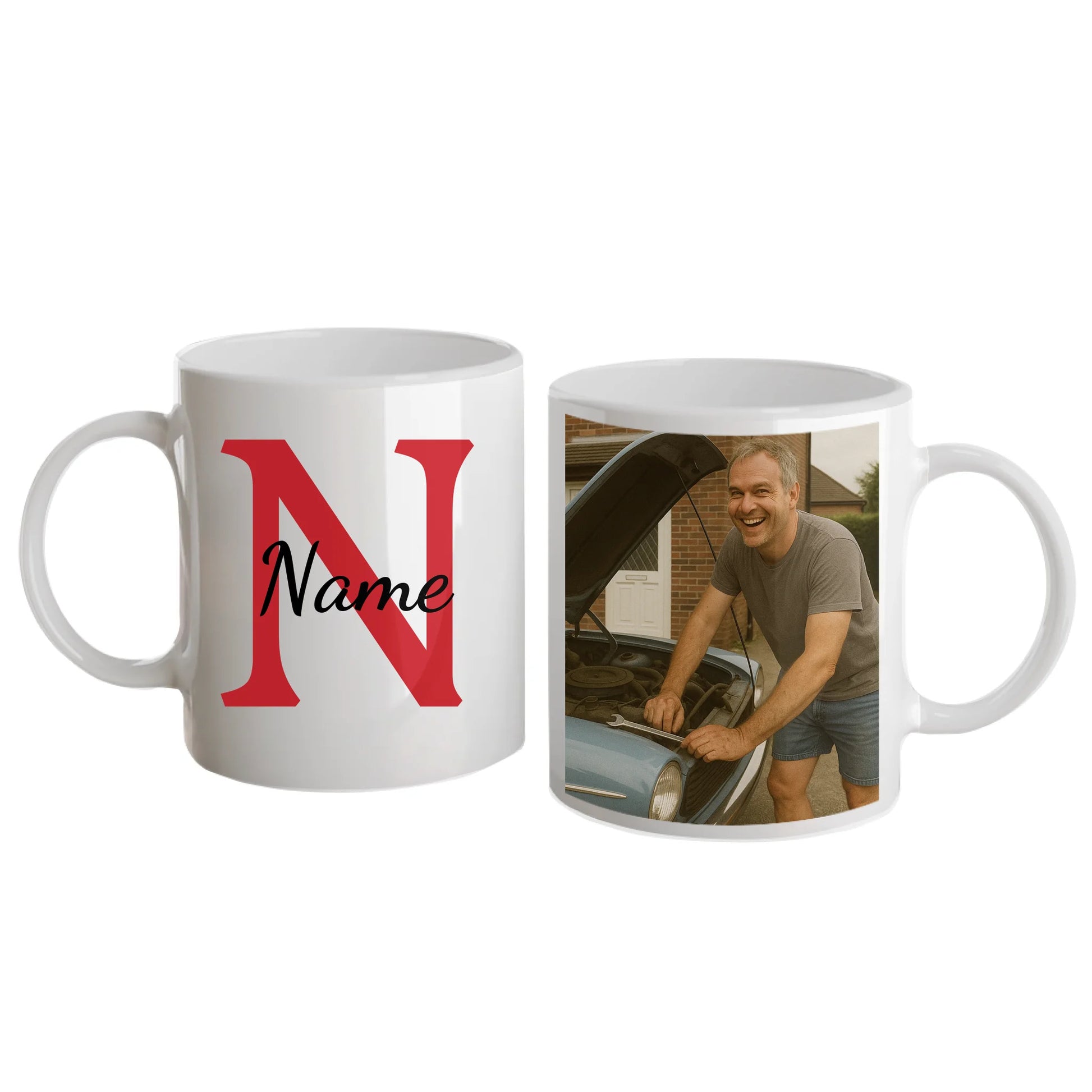 Personalised white mug featuring a name, initial, and custom photo upload. White handle and interior.
