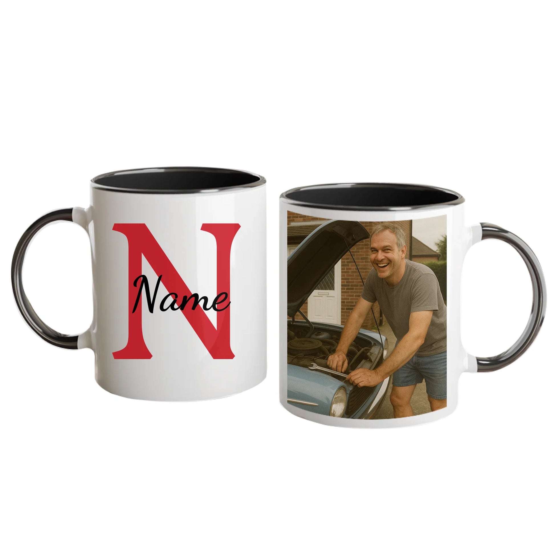Personalised white mug featuring a name, initial, and custom photo upload. Black handle and interior.