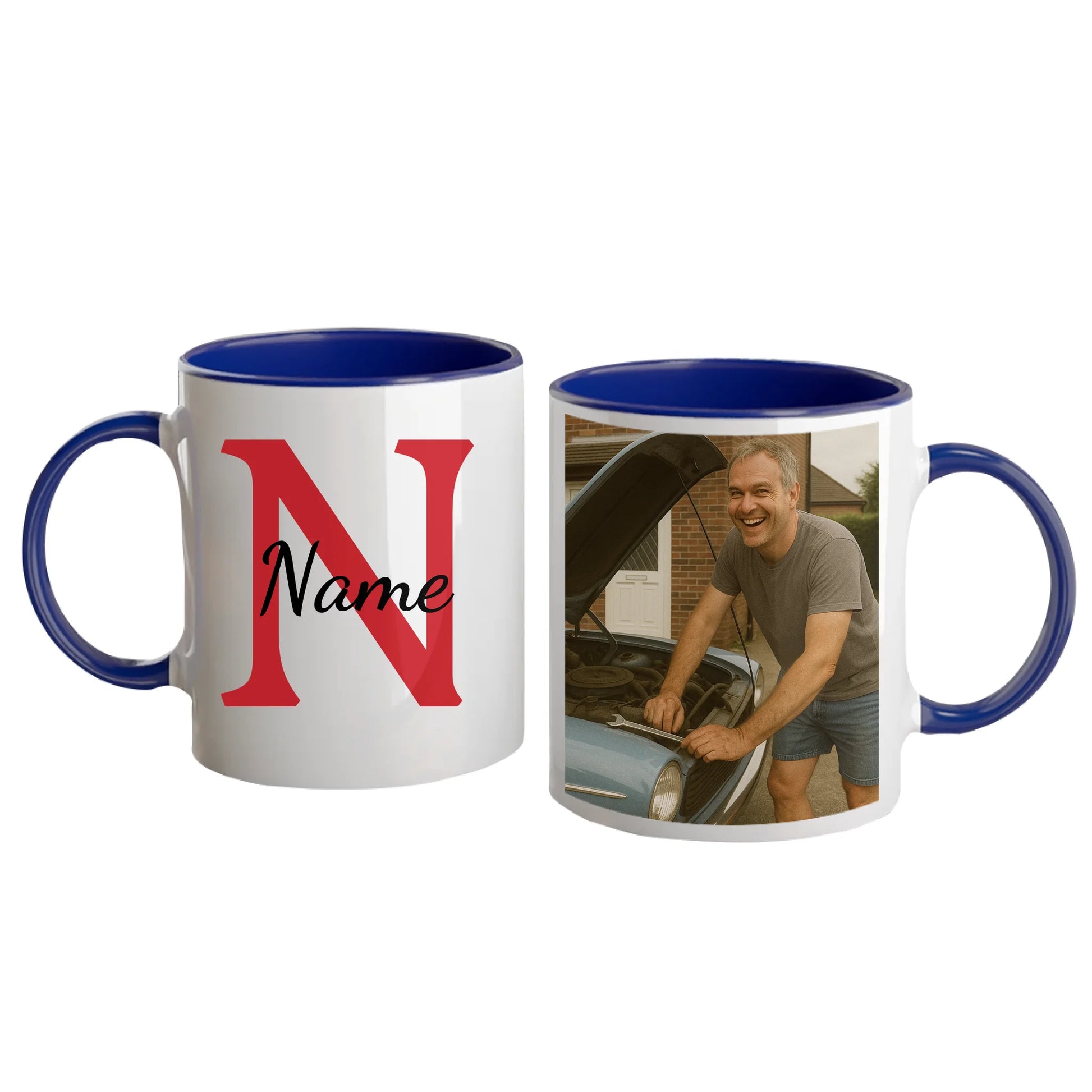 Personalised white mug featuring a name, initial, and custom photo upload. Blue handle and interior.