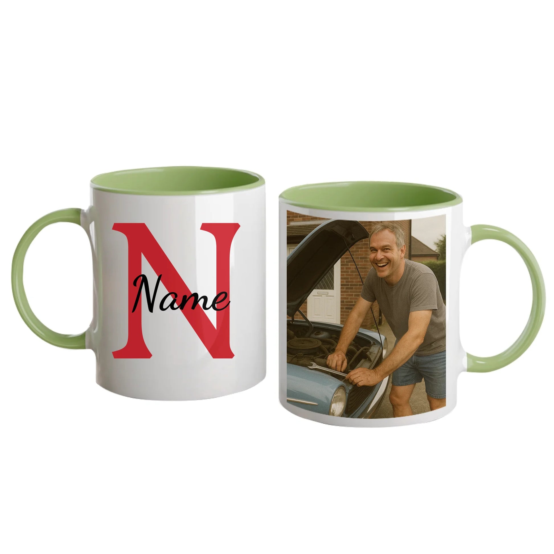 Personalised white mug featuring a name, initial, and custom photo upload. Green handle and interior.