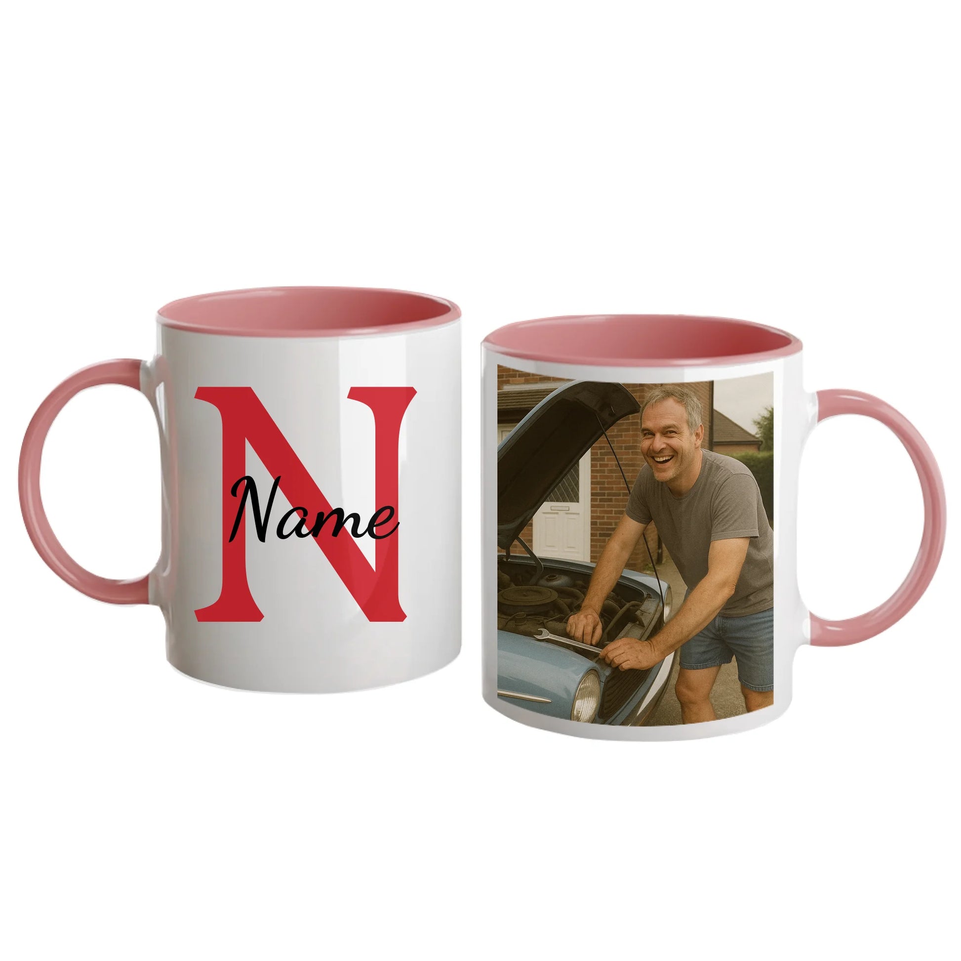 Personalised white mug featuring a name, initial, and custom photo upload. Pink handle and interior.