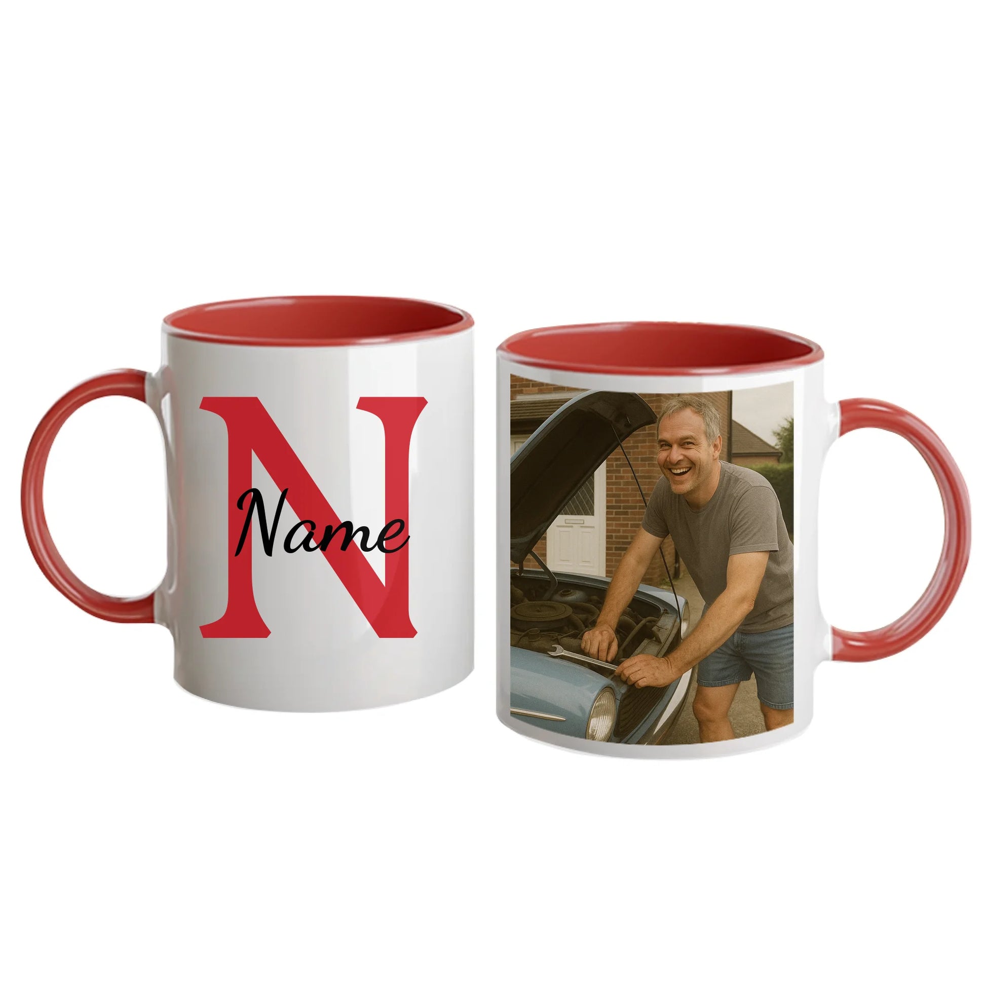 Personalised white mug featuring a name, initial, and custom photo upload. Red handle and interior.
