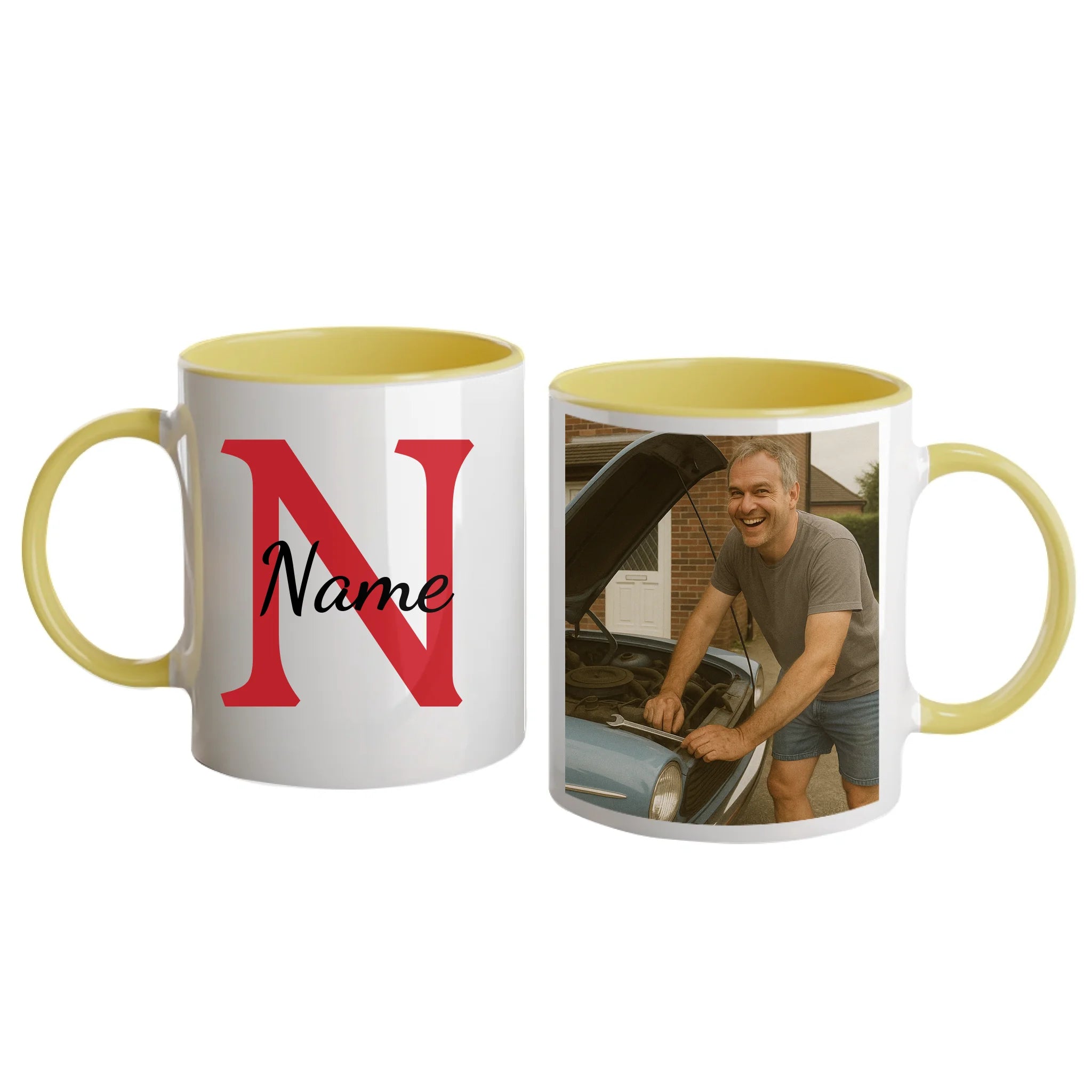 Personalised white mug featuring a name, initial, and custom photo upload. Yellow handle and interior.