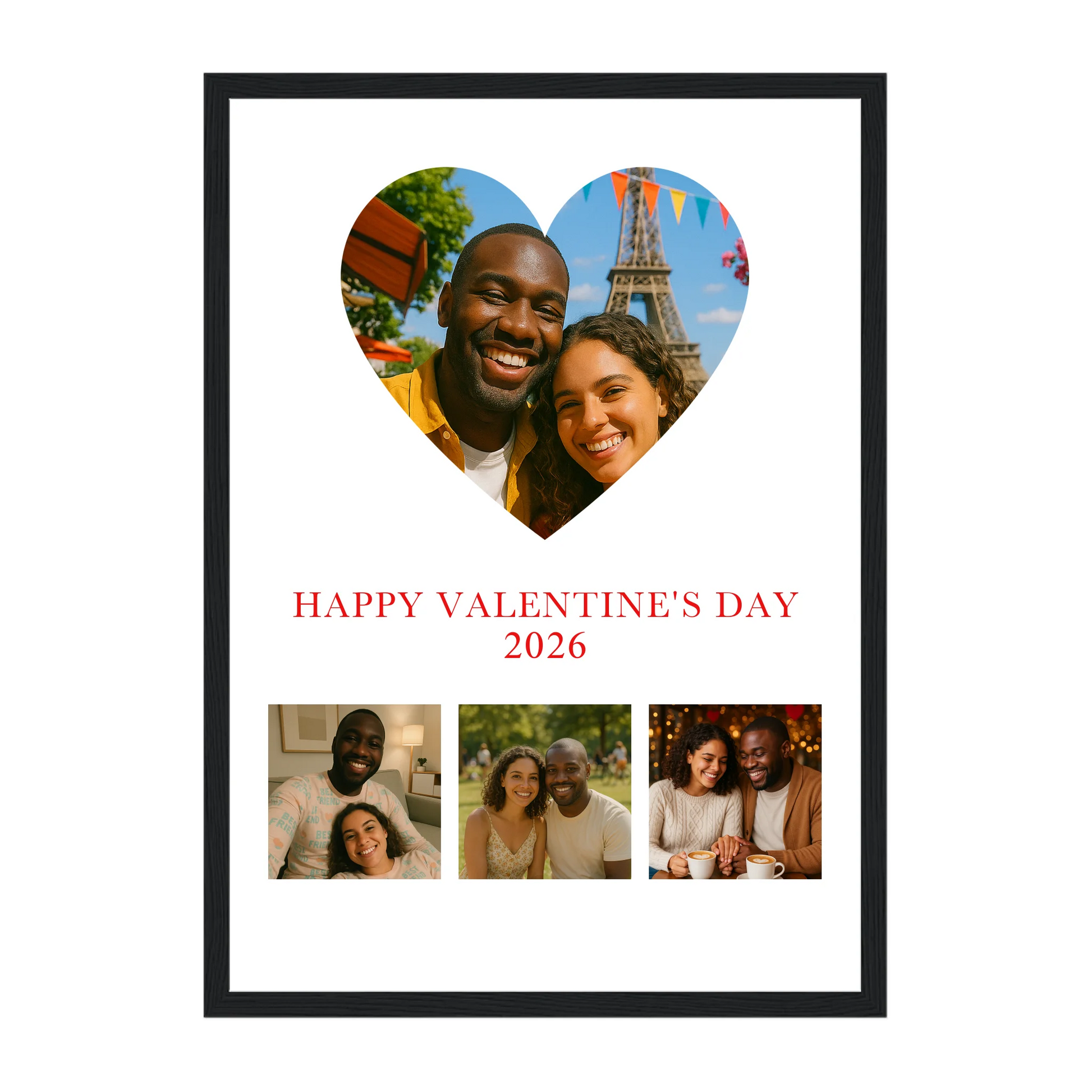 Framed Happy Valentine’s Day poster with a heart-shaped main photo, three smaller photos below, and a custom year (e.g., 2024). Black wooden frame.