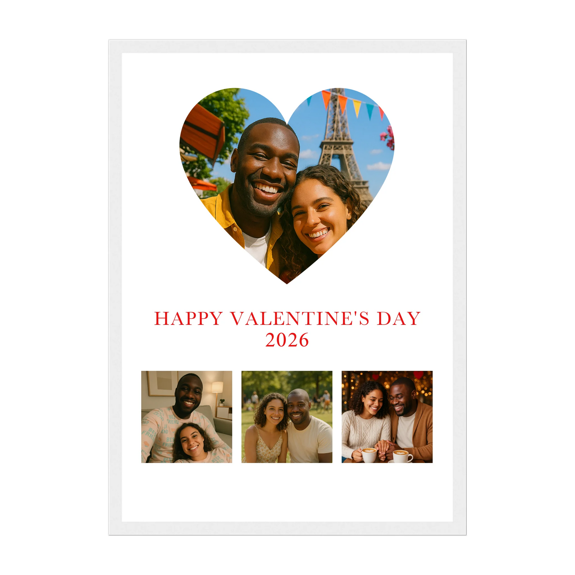 Framed Happy Valentine’s Day poster with a heart-shaped main photo, three smaller photos below, and a custom year (e.g., 2024). White wooden frame.