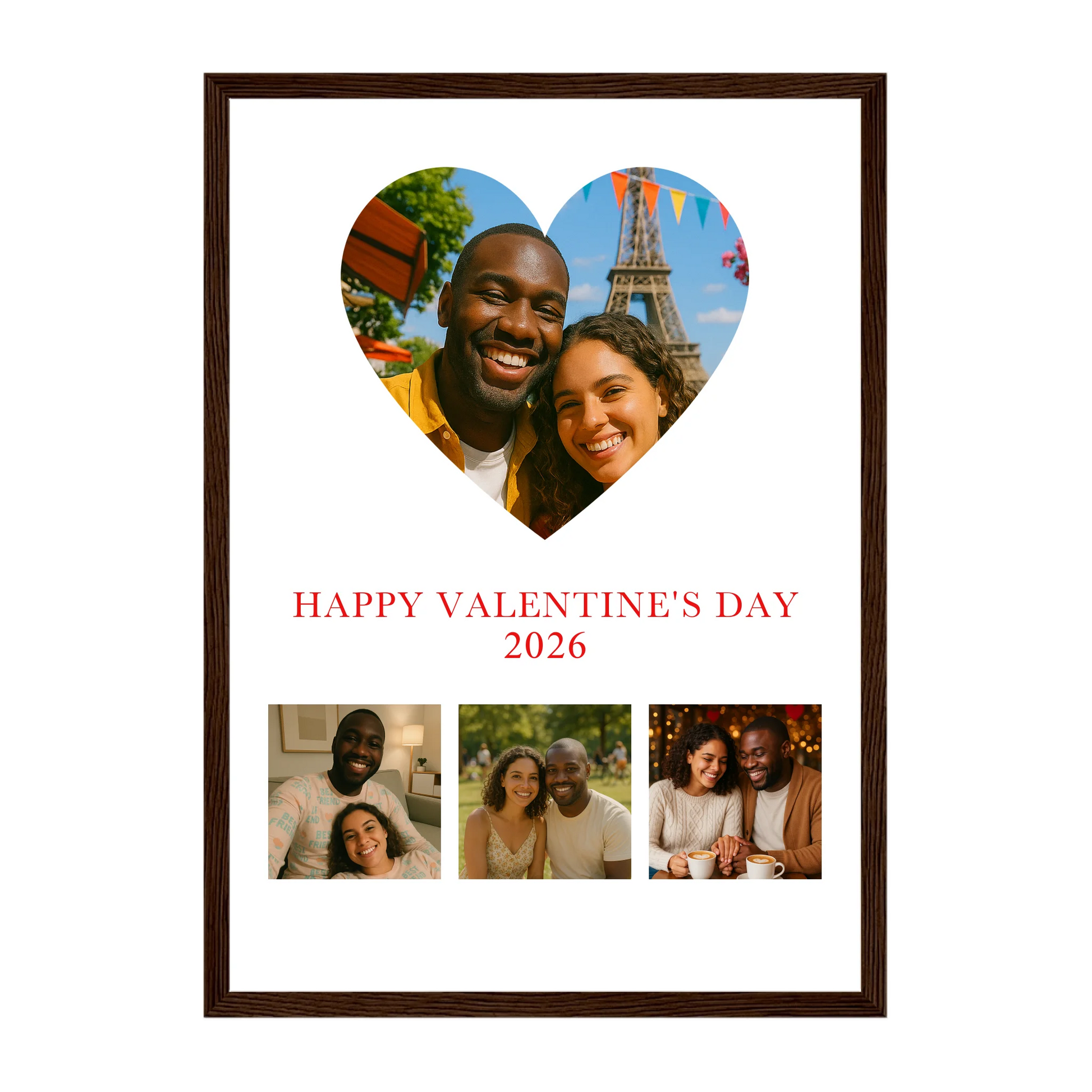 Framed Happy Valentine’s Day poster with a heart-shaped main photo, three smaller photos below, and a custom year (e.g., 2024). Dark brown wooden frame.