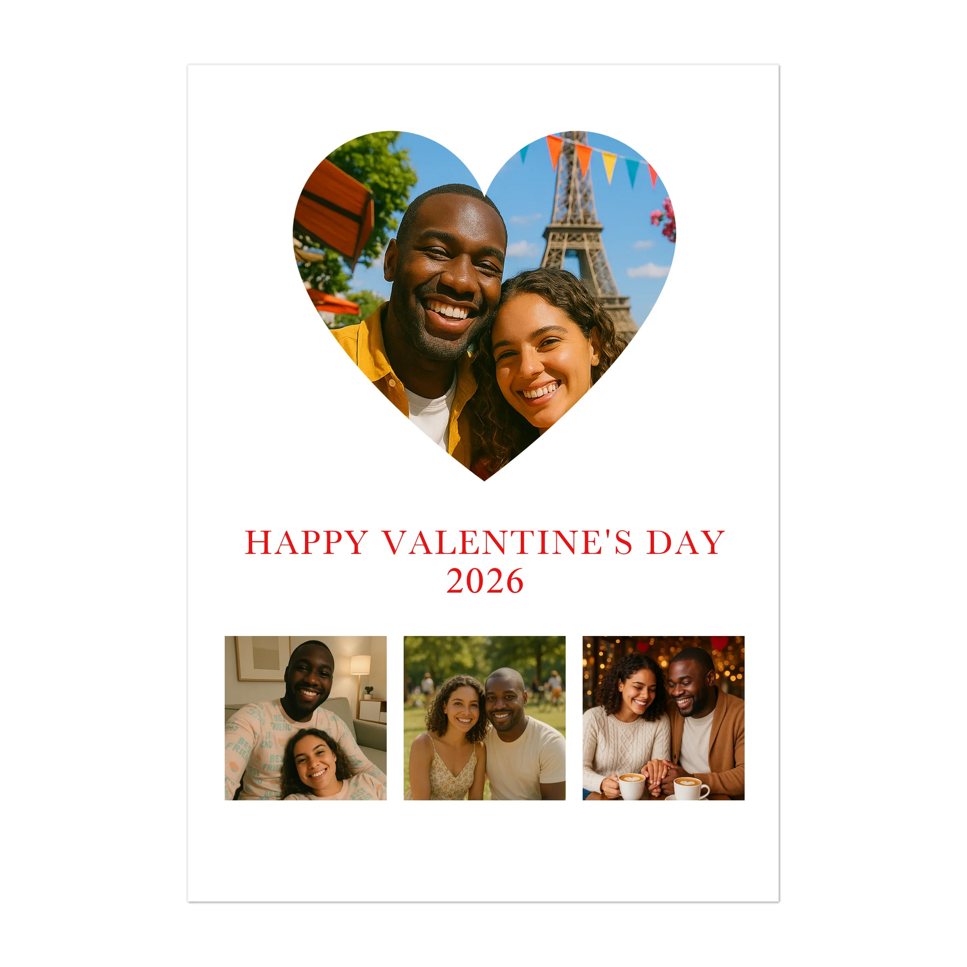 Happy Valentine’s Day poster with a heart-shaped main photo, three smaller photos below, and a custom year (e.g., 2024).