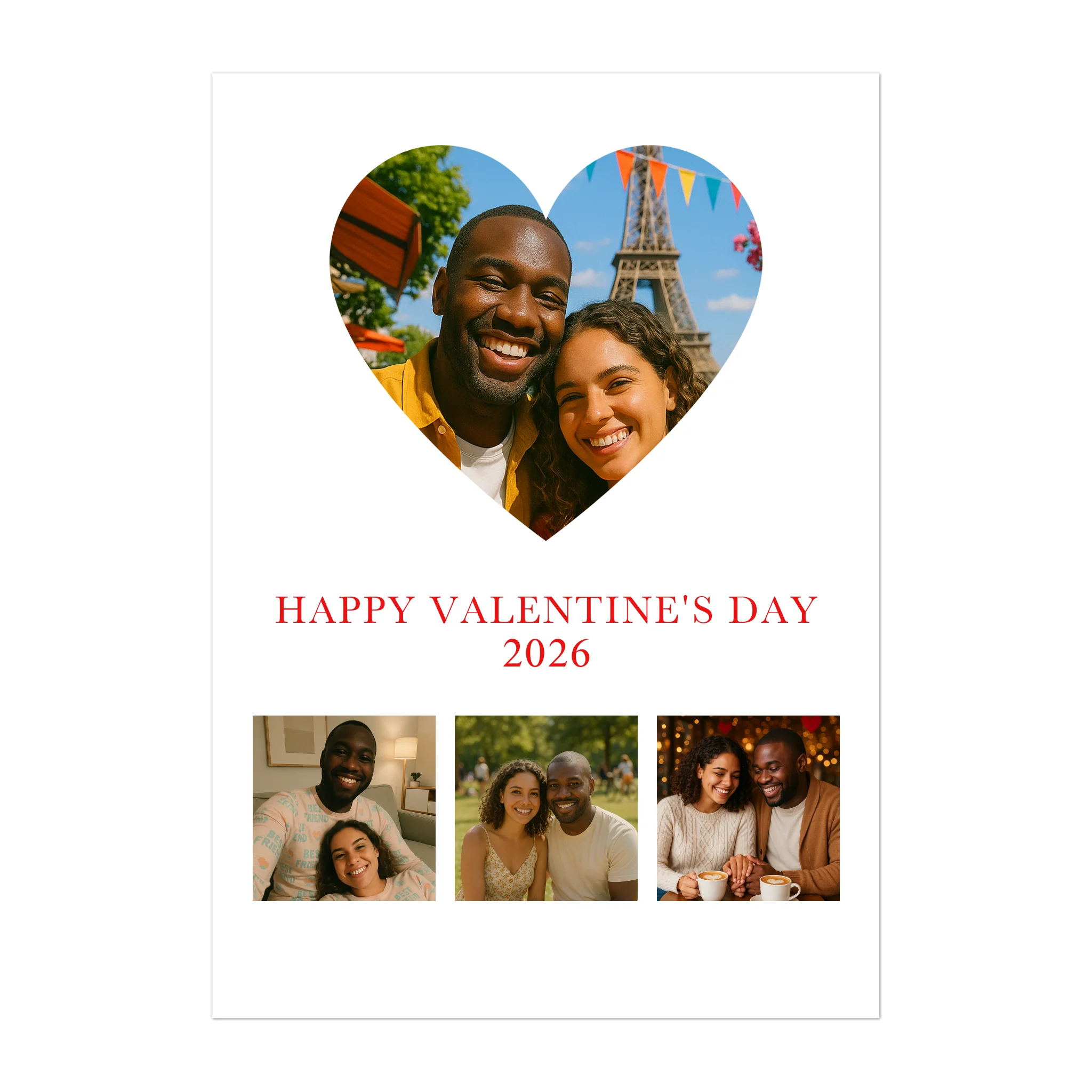 Happy Valentine’s Day digital download with a heart-shaped main photo, three smaller photos below, and a custom year (e.g. 2026). Digital download file.