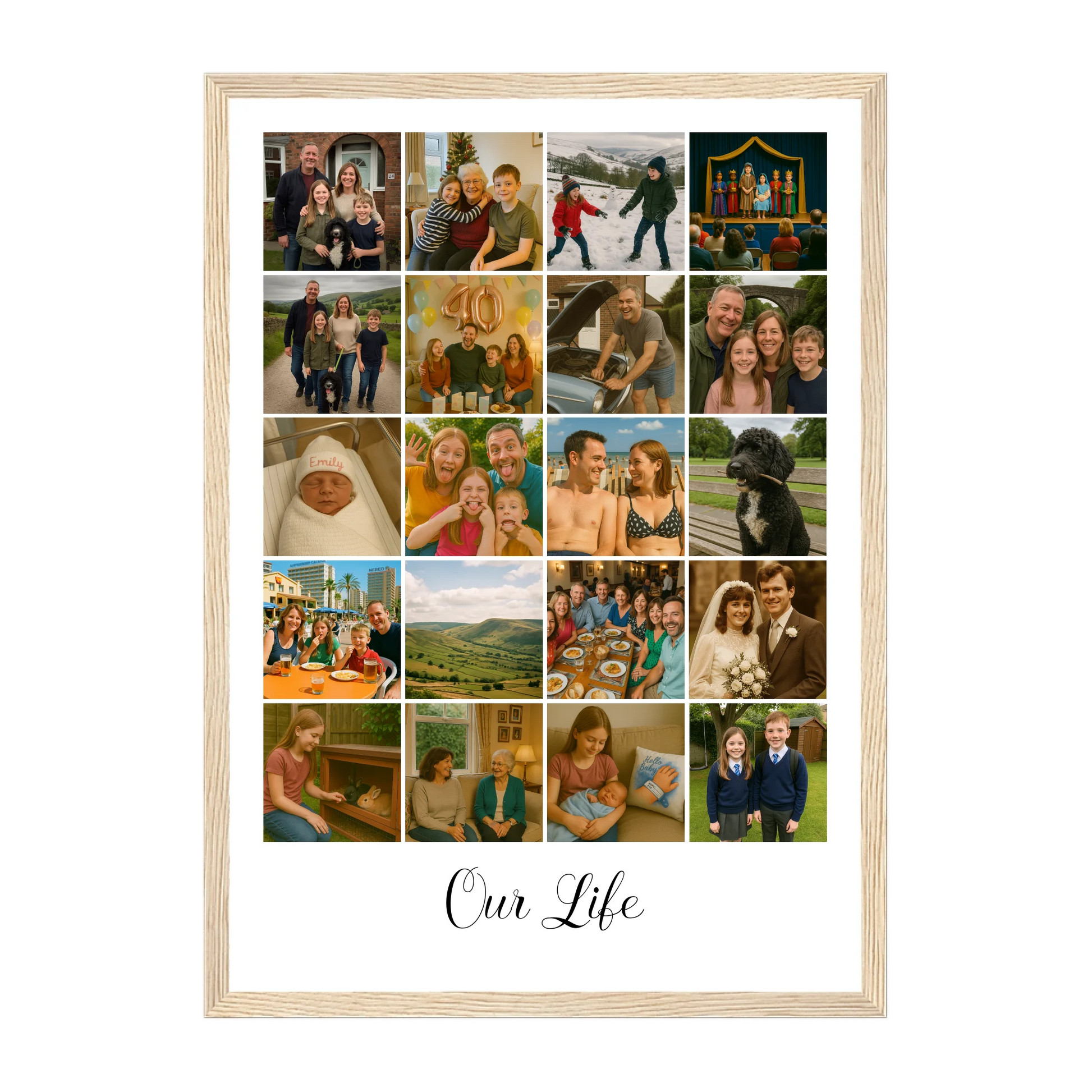 Personalised 20-photo collage framed print with custom text, quote, or hashtag. Natural wooden frame.