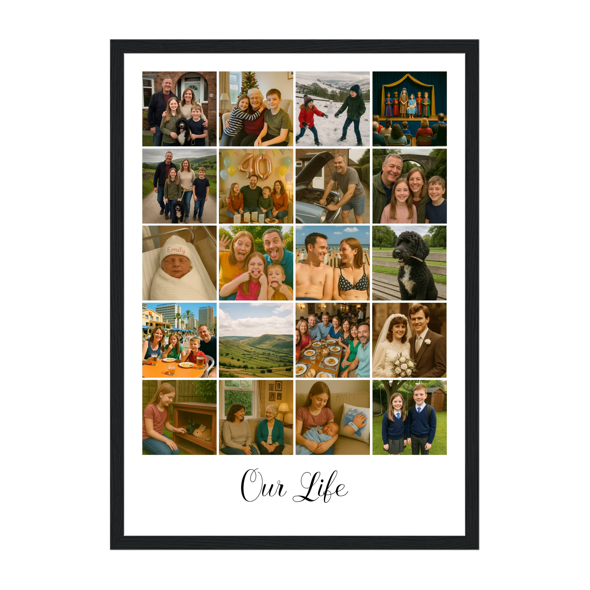 Personalised 20-photo collage framed print with custom text, quote, or hashtag. Black wooden frame.