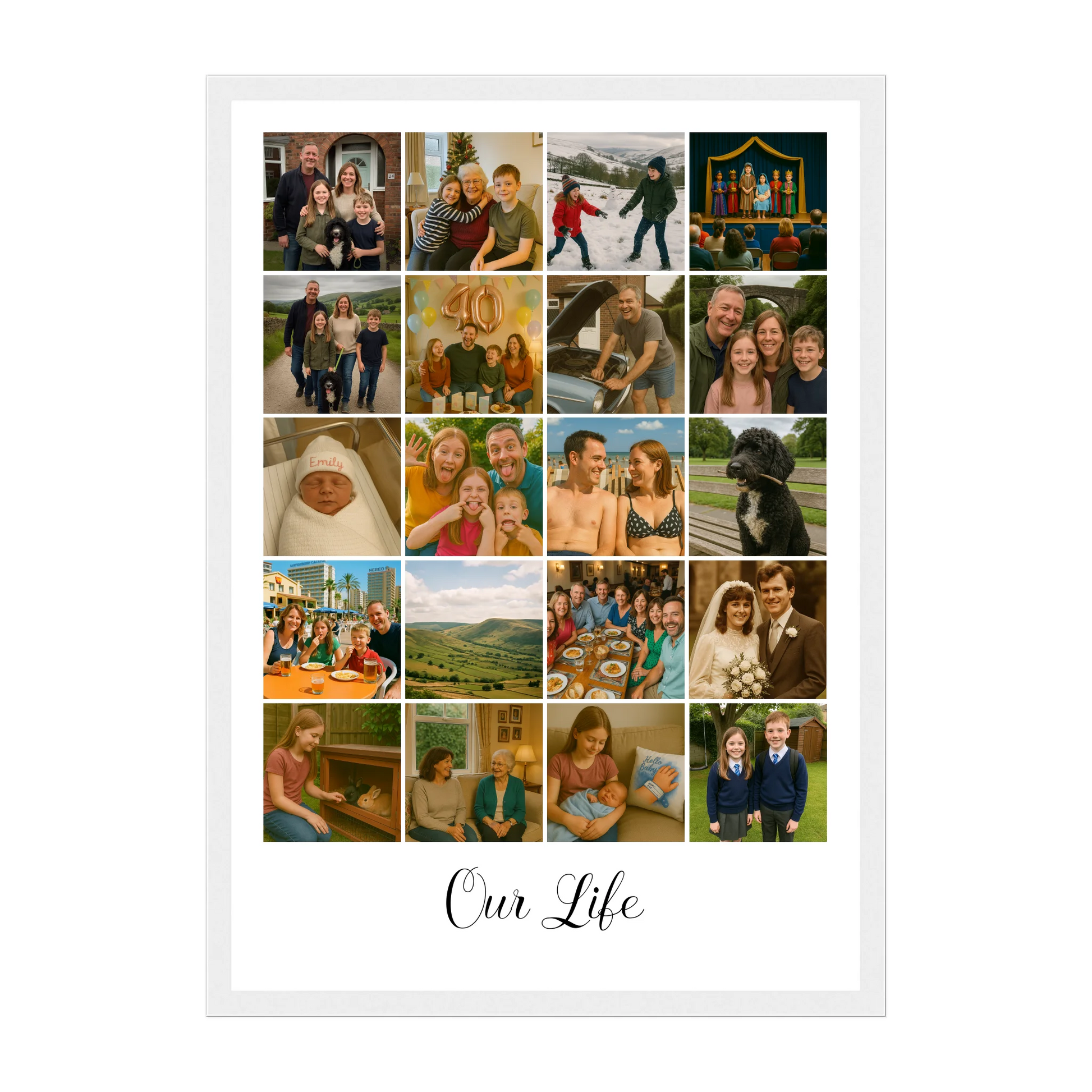 Personalised 20-photo collage framed print with custom text, quote, or hashtag. White wooden frame.