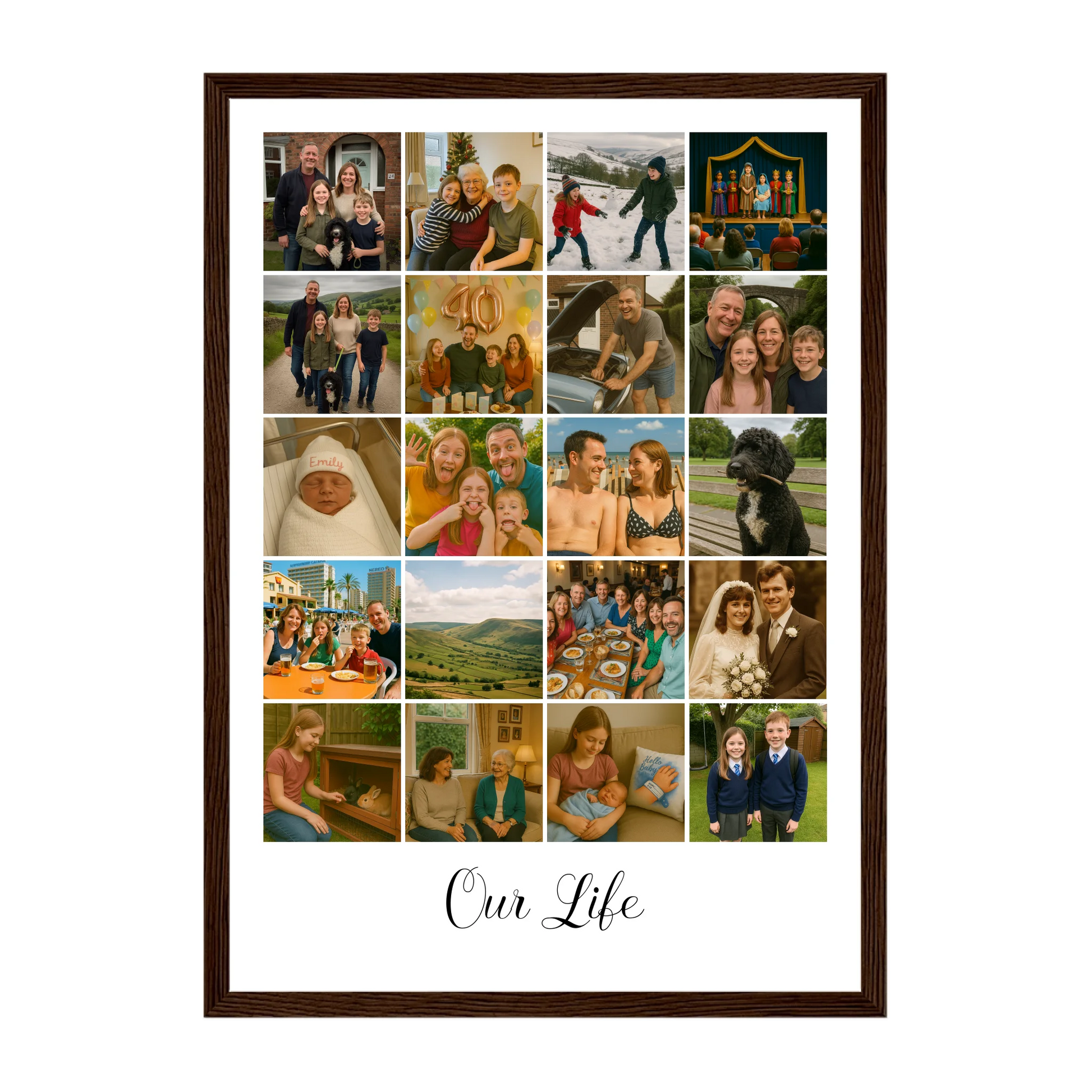 Personalised 20-photo collage framed print with custom text, quote, or hashtag. Dark brown wooden frame.