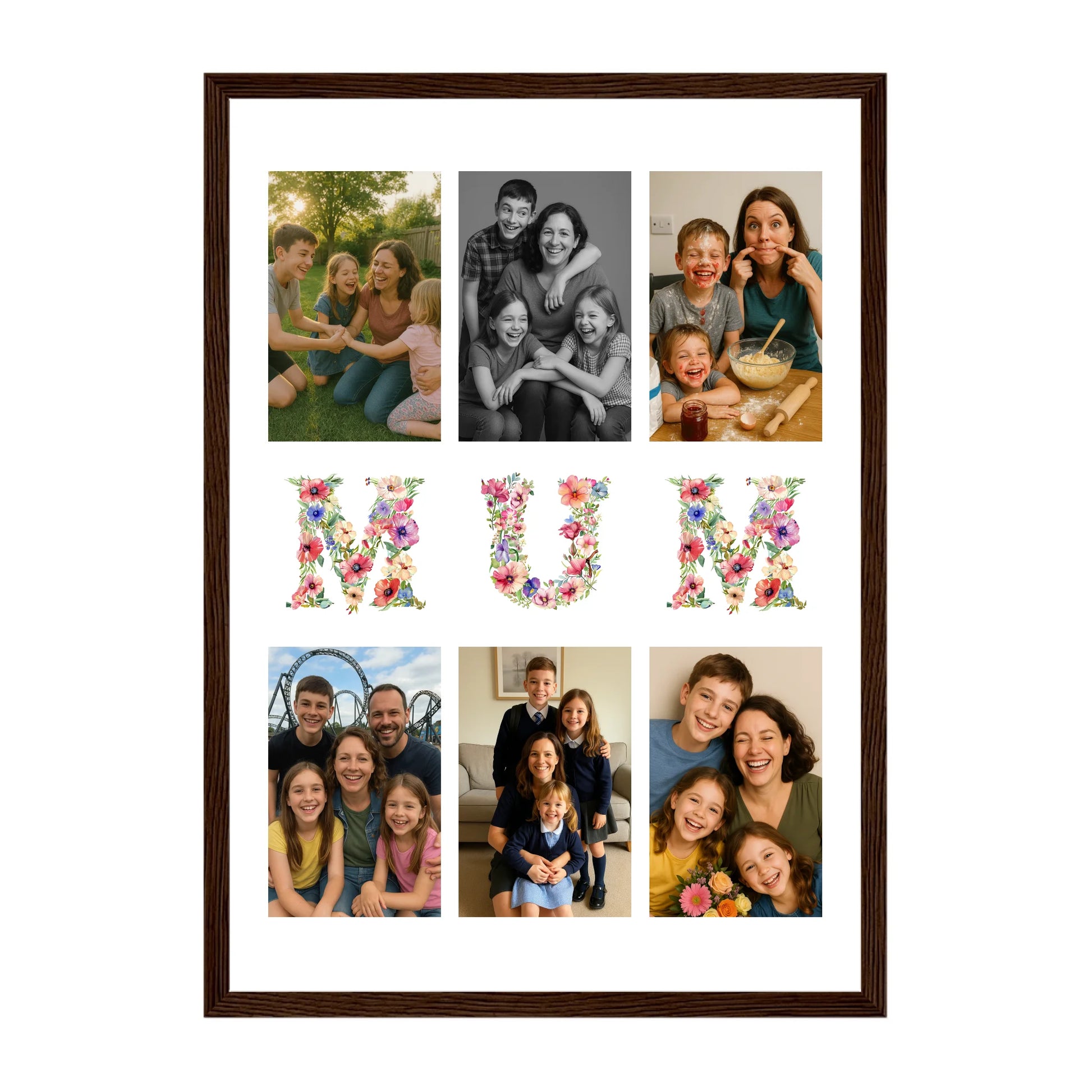 Personalised 6-photo collage framed print with 'Mum' or 'Mam' in vibrant floral text. Dark brown wooden frame.