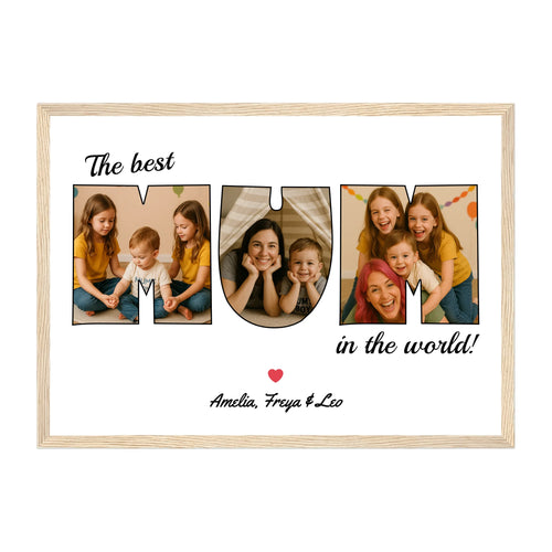 Personalised Mum photo framed print with three image uploads arranged in the shape of 'MUM', 'MAM', 'MUMMY' or 'MAMMY'. Natural wooden frame.