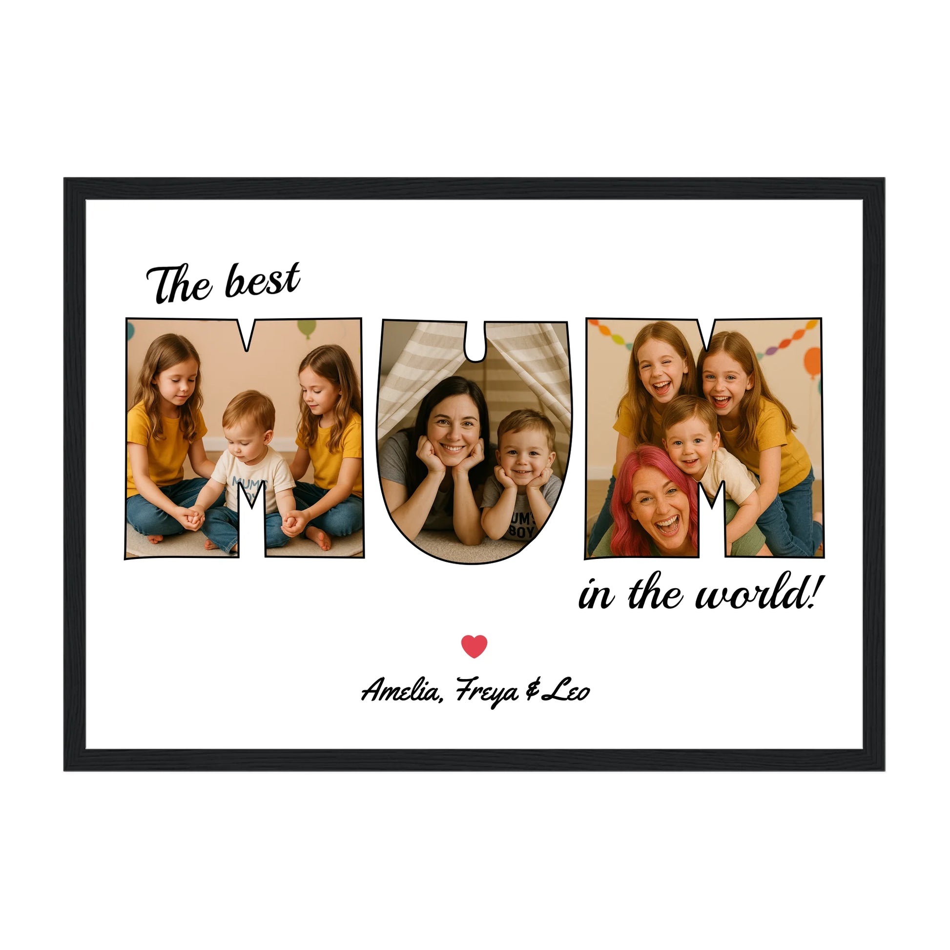 Personalised Mum photo framed print with three image uploads arranged in the shape of 'MUM', 'MAM', 'MUMMY' or 'MAMMY'. Black wooden frame.