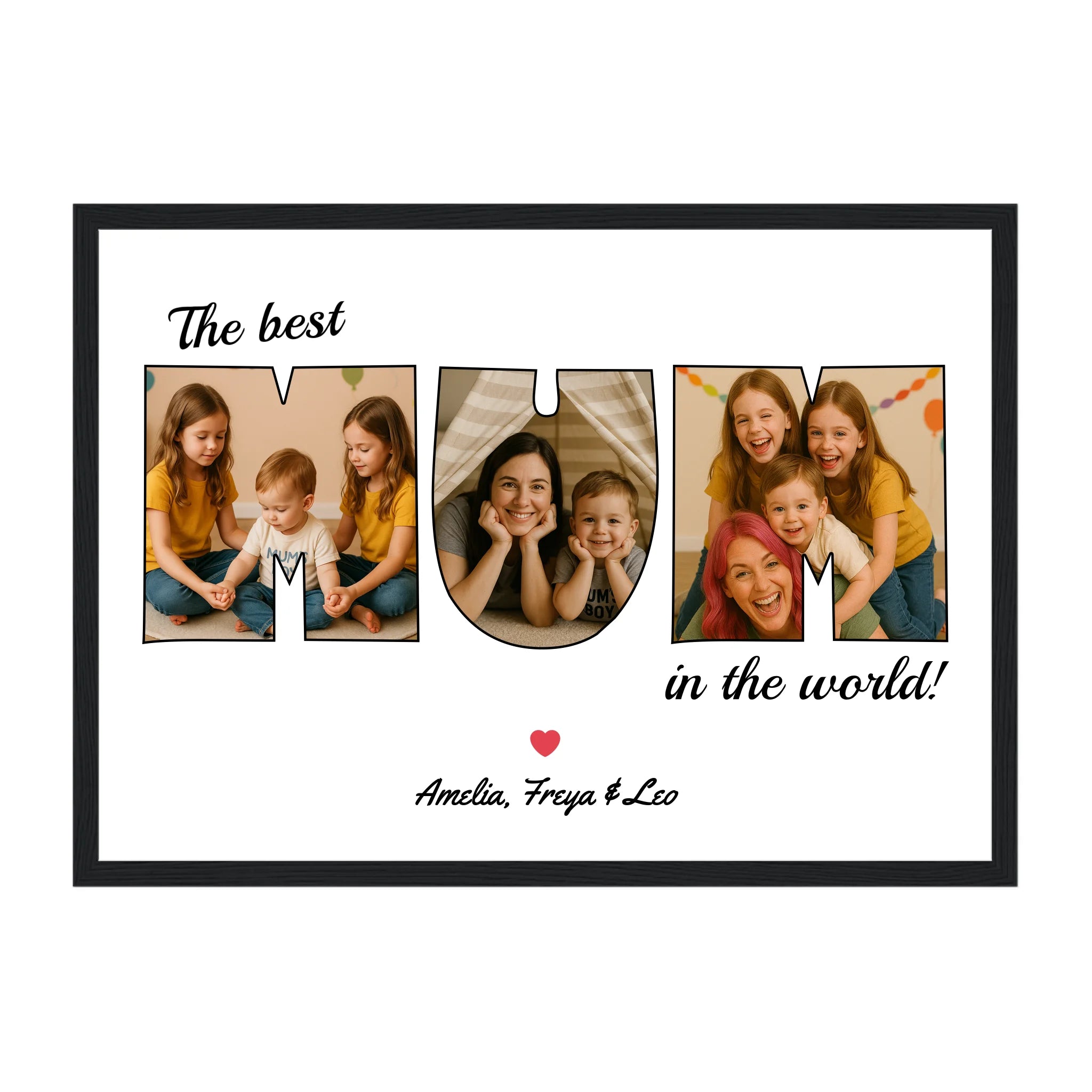 Personalised Mum photo framed print with three image uploads arranged in the shape of 'MUM', 'MAM', 'MUMMY' or 'MAMMY'. Black wooden frame.
