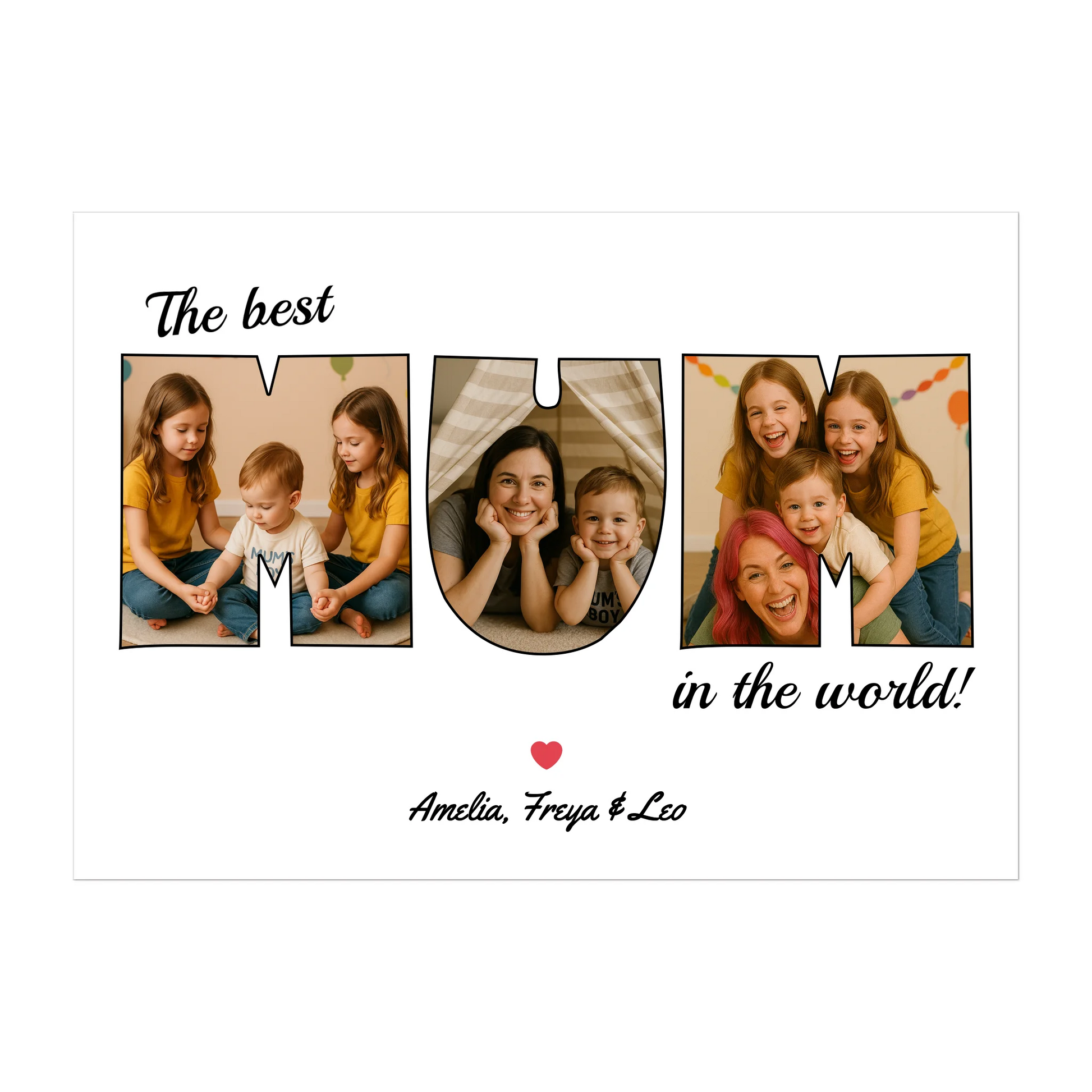 Personalised Mum photo poster with three image uploads arranged in the shape of 'MUM', 'MAM', 'MUMMY' or 'MAMMY'.