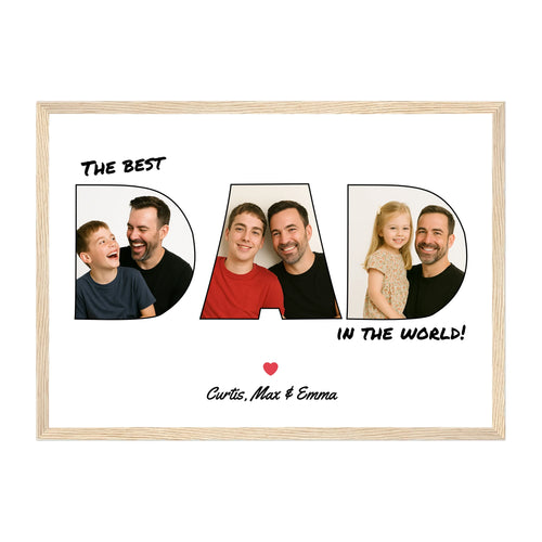Personalised Dad photo framed print with three image uploads arranged in the shape of 'DAD'. Natural wooden frame.