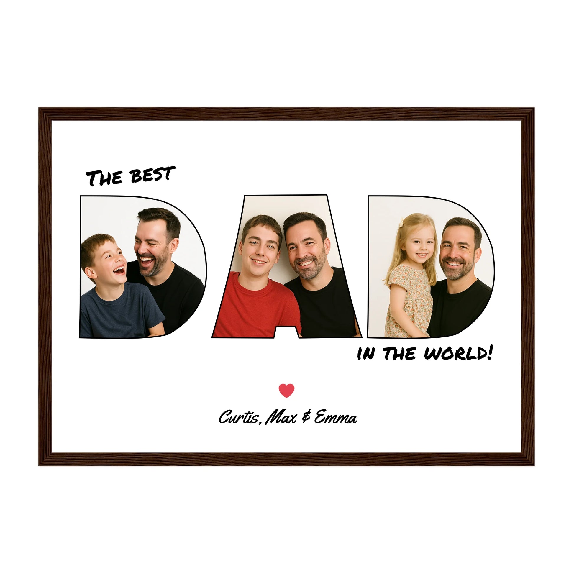 Personalised Dad photo framed print with three image uploads arranged in the shape of 'DAD'. Dark brown wooden frame.
