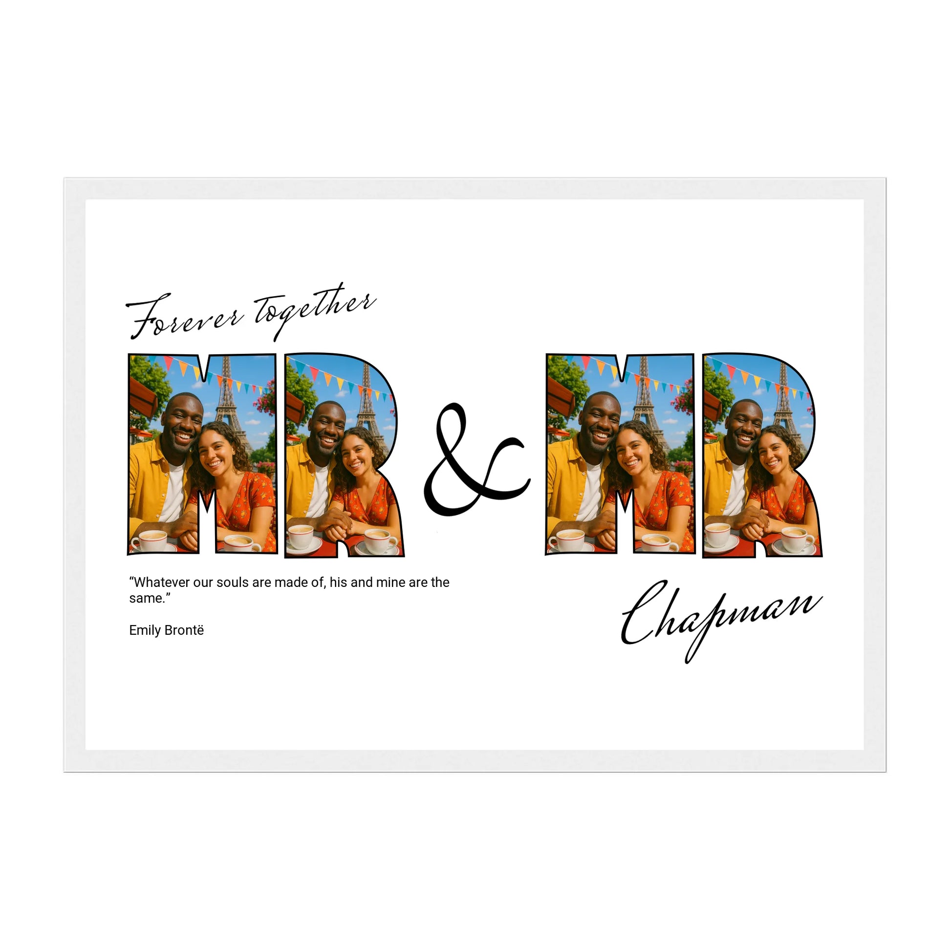 Framed couple photo gift featuring Mr and Mr letter collage with 4 custom photos, “Forever Together” title, surname, and optional quote. Choice of colour schemes and quotes. White wooden frame.