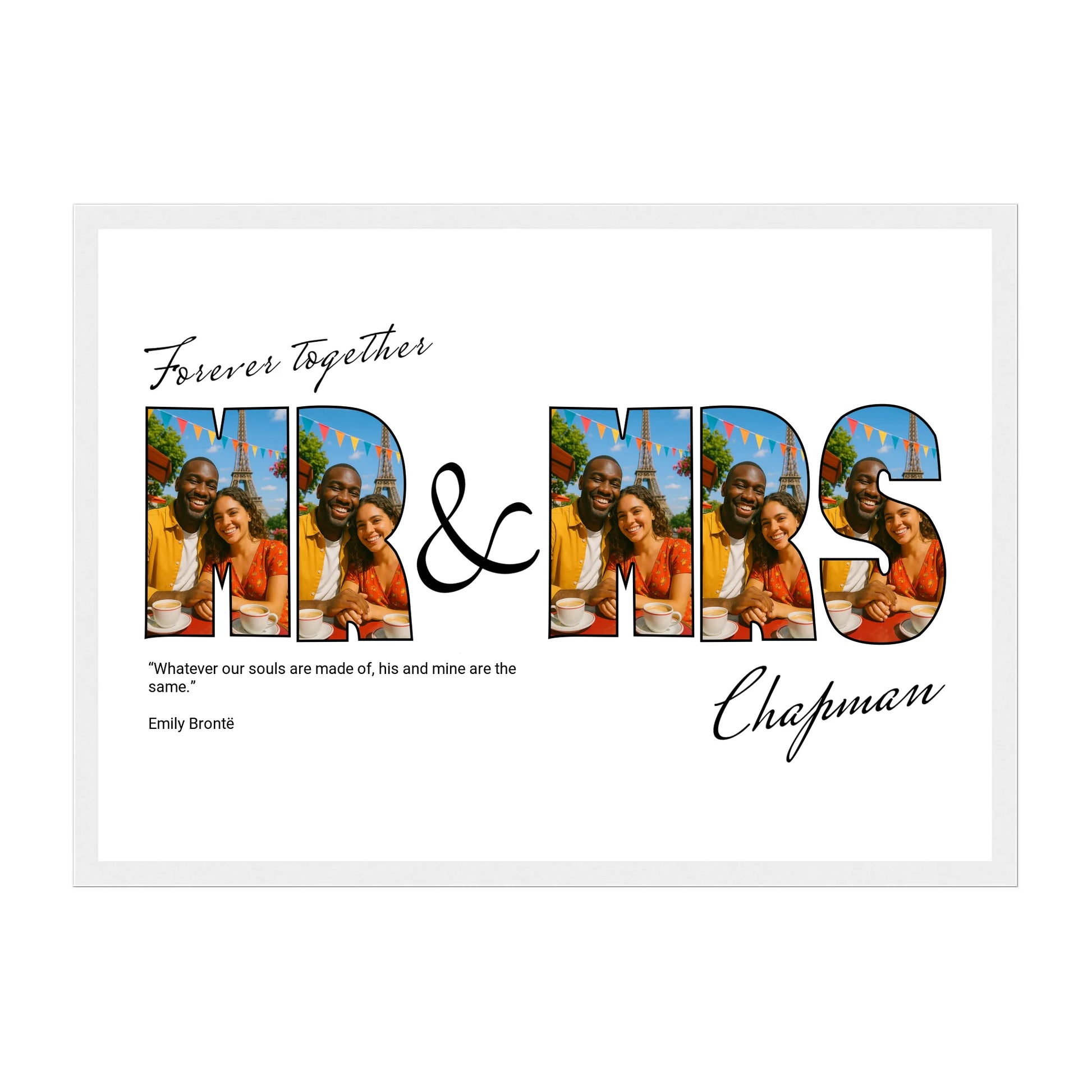 Framed couple photo gift featuring Mr and Mrs letter collage with 5 custom photos, “Forever Together” title, surname, and optional quote. Choice of colour schemes and quotes. White wooden frame.