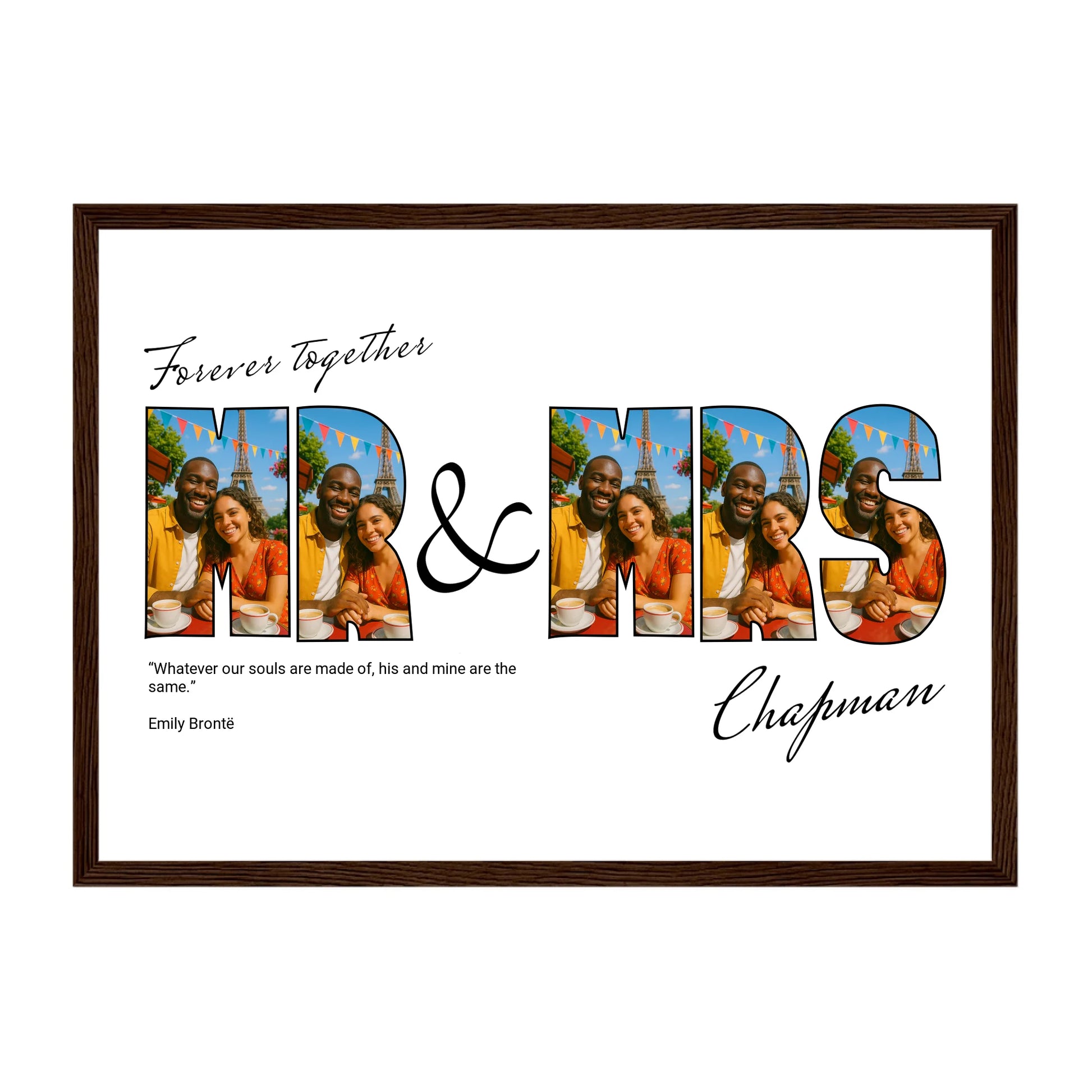 Framed couple photo gift featuring Mr and Mrs letter collage with 5 custom photos, “Forever Together” title, surname, and optional quote. Choice of colour schemes and quotes. Dark Brown wooden frame.