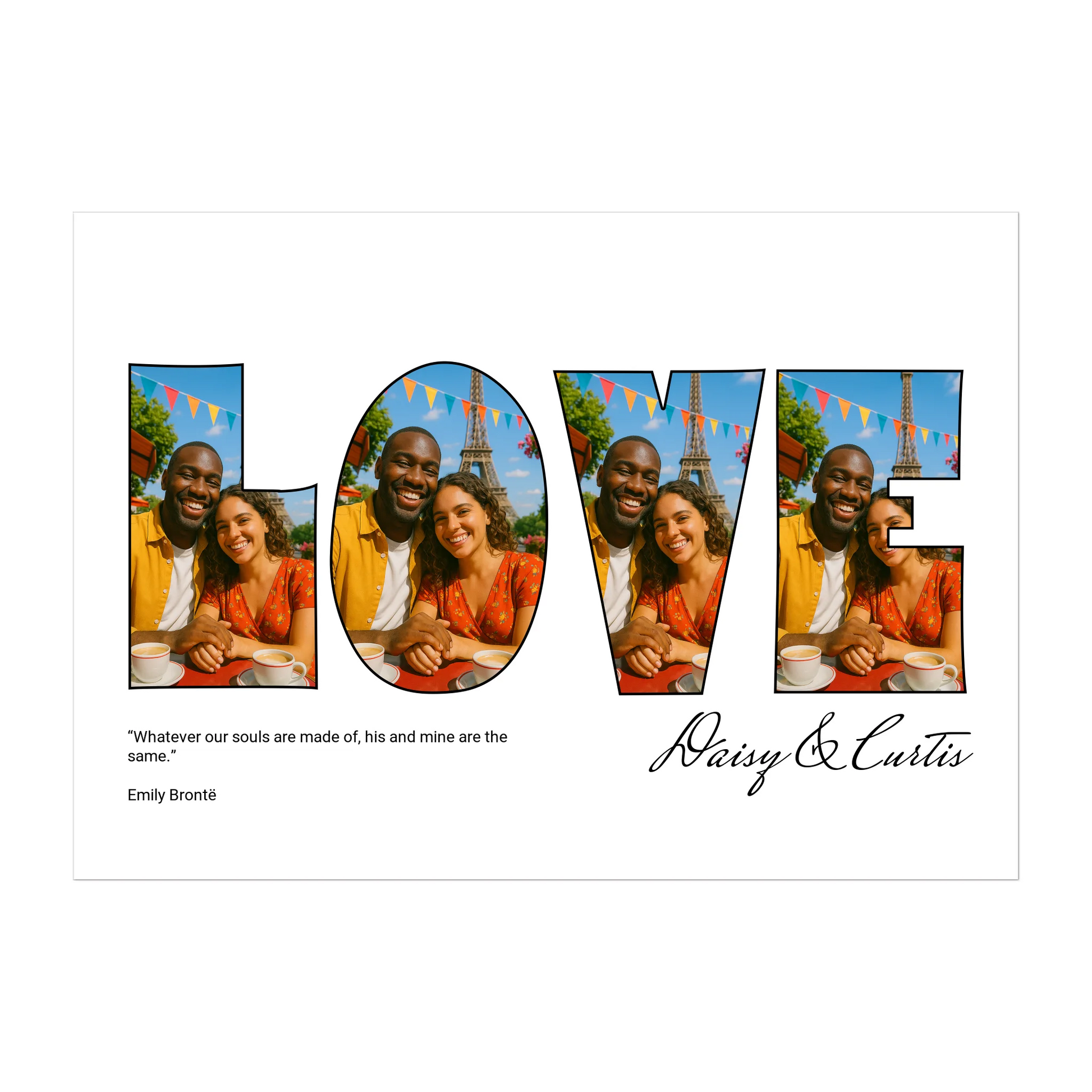 Personalised poster featuring 'LOVE' letter collage with 4 custom photos, the couple's names, and optional quote. Choice of colour schemes and quotes.