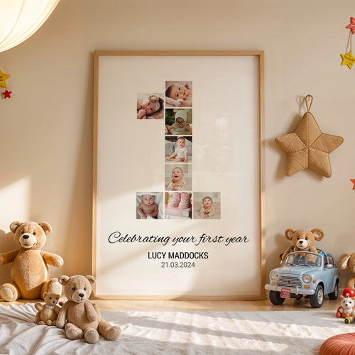1st Birthday Photo Collage • Personalised Baby’s First Year Number One Print