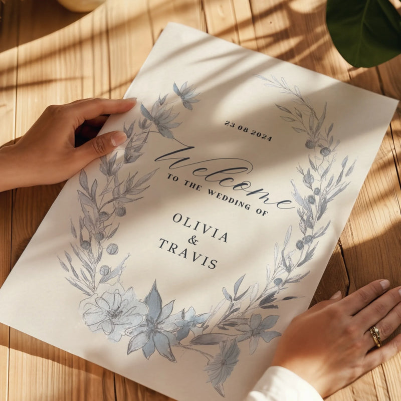 Blue Watercolour Floral Wedding Welcome Sign • Marriage Reception Decor  • Printed and Shipped