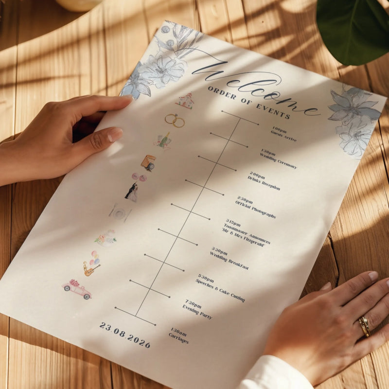 Blue Watercolour Floral Wedding Timeline Sign • Reception Order of Events • Printed and Shipped