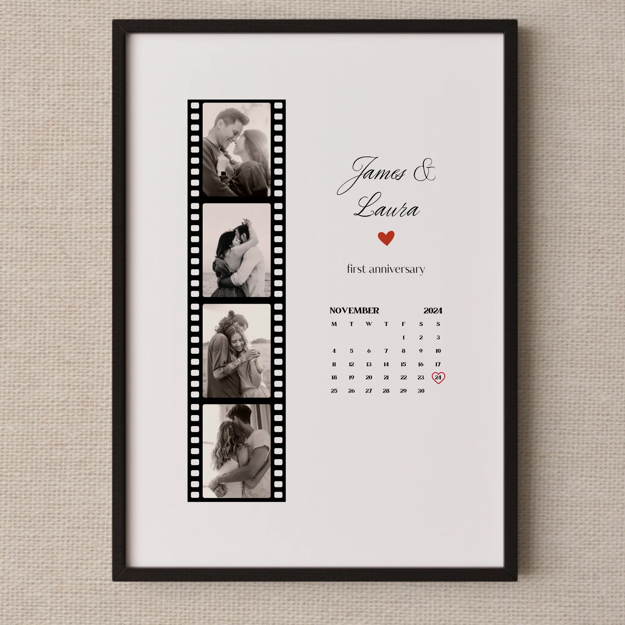 Personalised Anniversary Photo Strip with Calendar Date • Romantic Couple Gift • Any Year